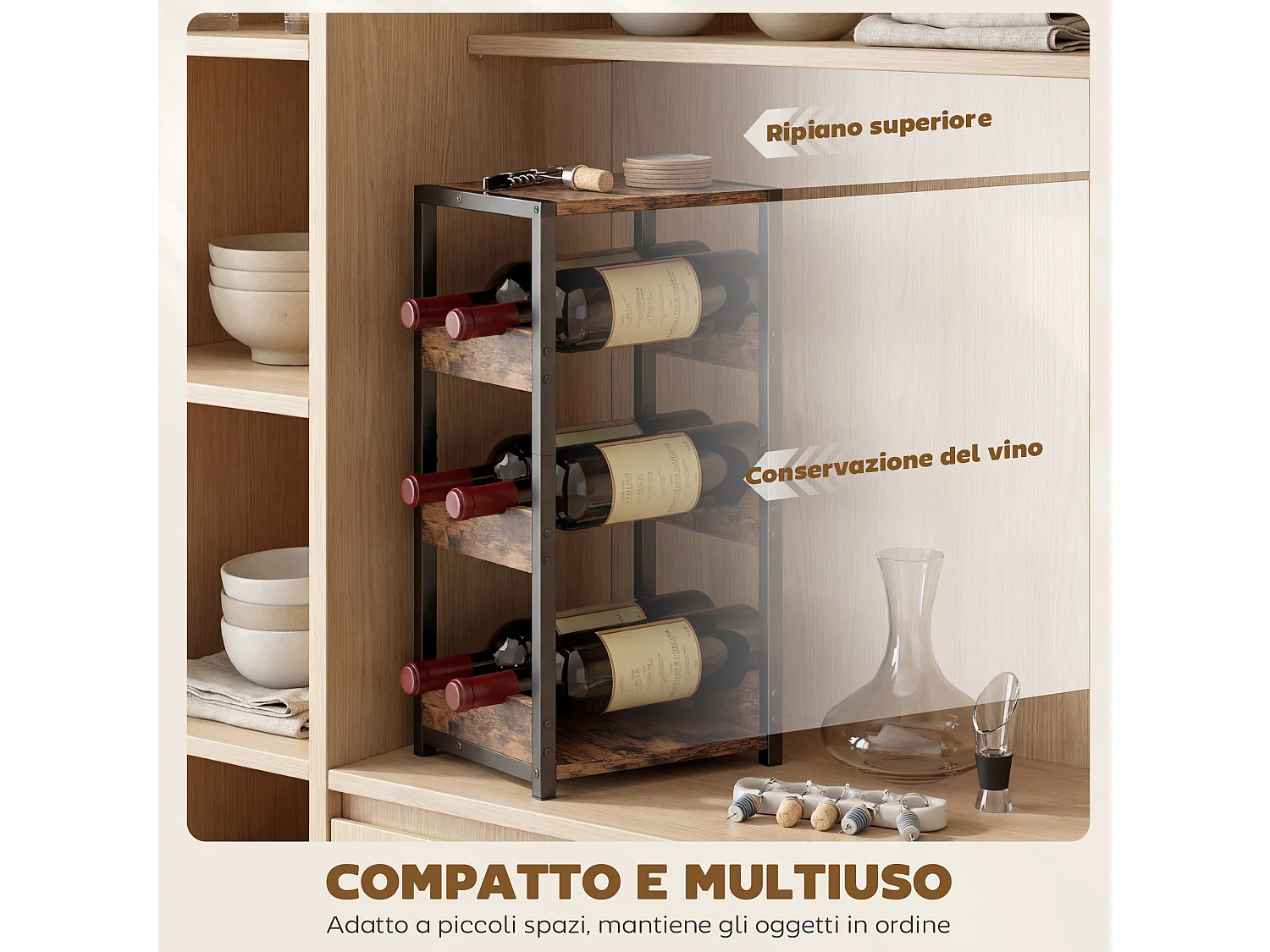 Portabottiglie freestanding per 6 bottiglie industriale marrone e nero