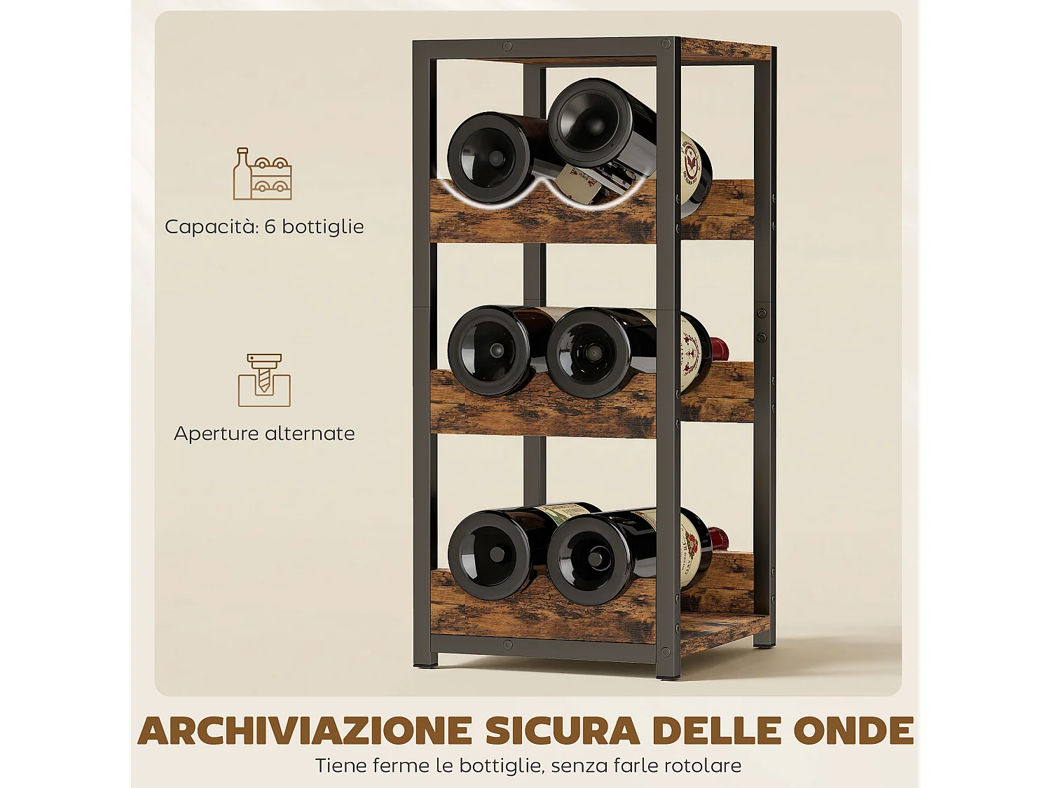 Portabottiglie freestanding per 6 bottiglie industriale marrone e nero
