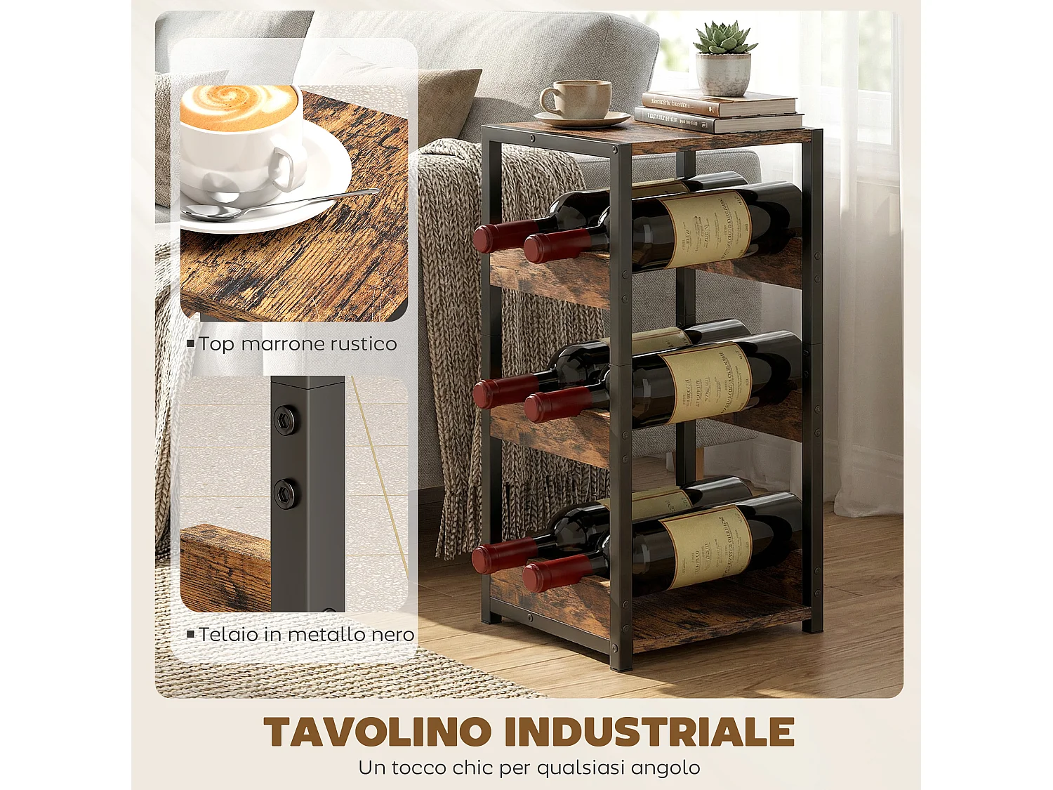 Portabottiglie freestanding per 6 bottiglie industriale marrone e nero