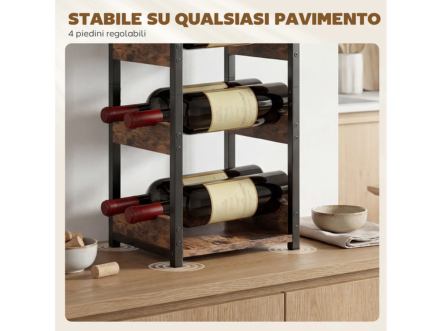 Portabottiglie freestanding per 6 bottiglie industriale marrone e nero