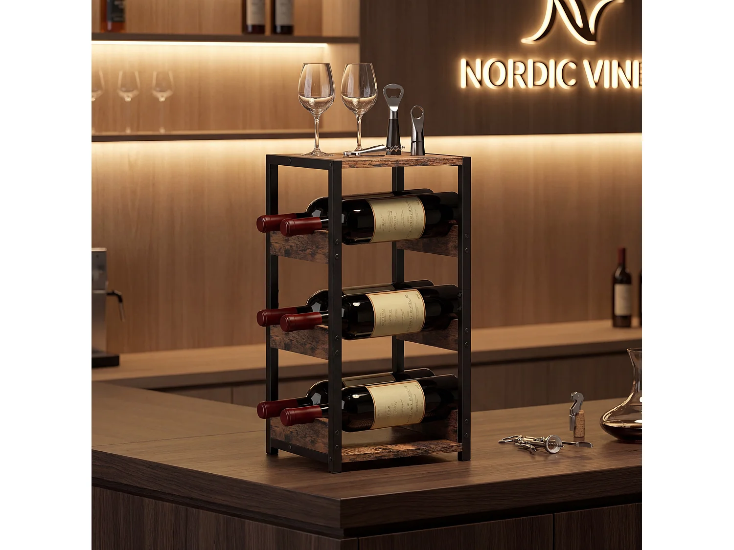 Portabottiglie freestanding per 6 bottiglie industriale marrone e nero