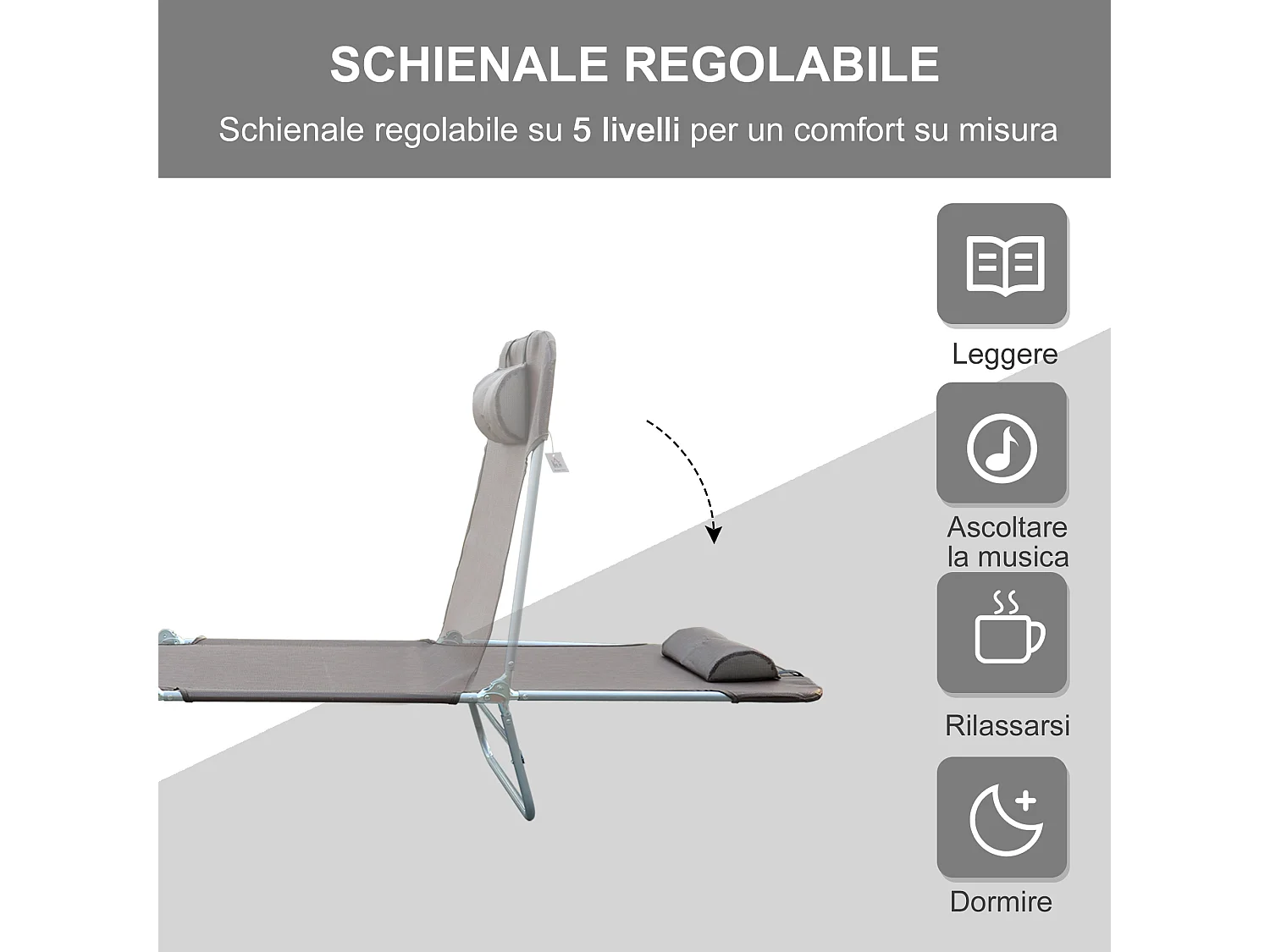 Lettino prendisole pieghevole schienale reclinabile e cuscino