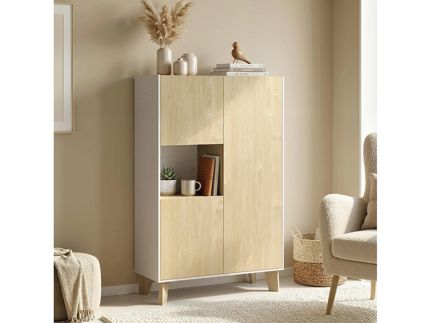 Credenza ucina, a 6 scomparti con ante soft close bianco e color legno