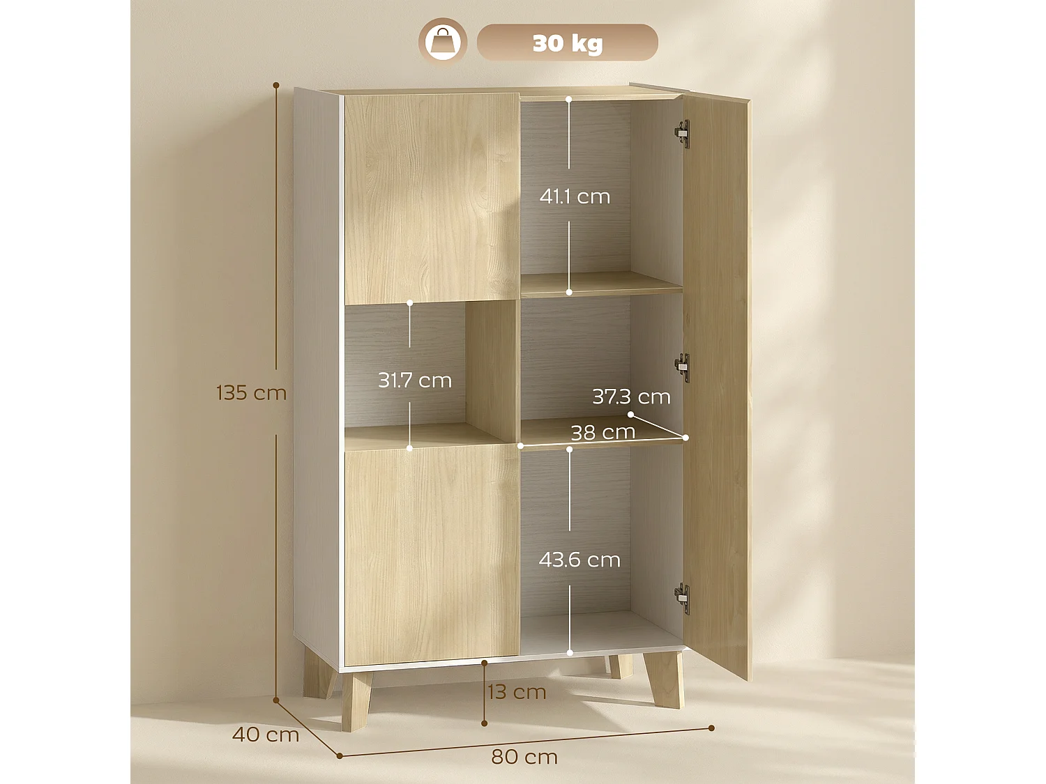 Credenza ucina, a 6 scomparti con ante soft close bianco e color legno