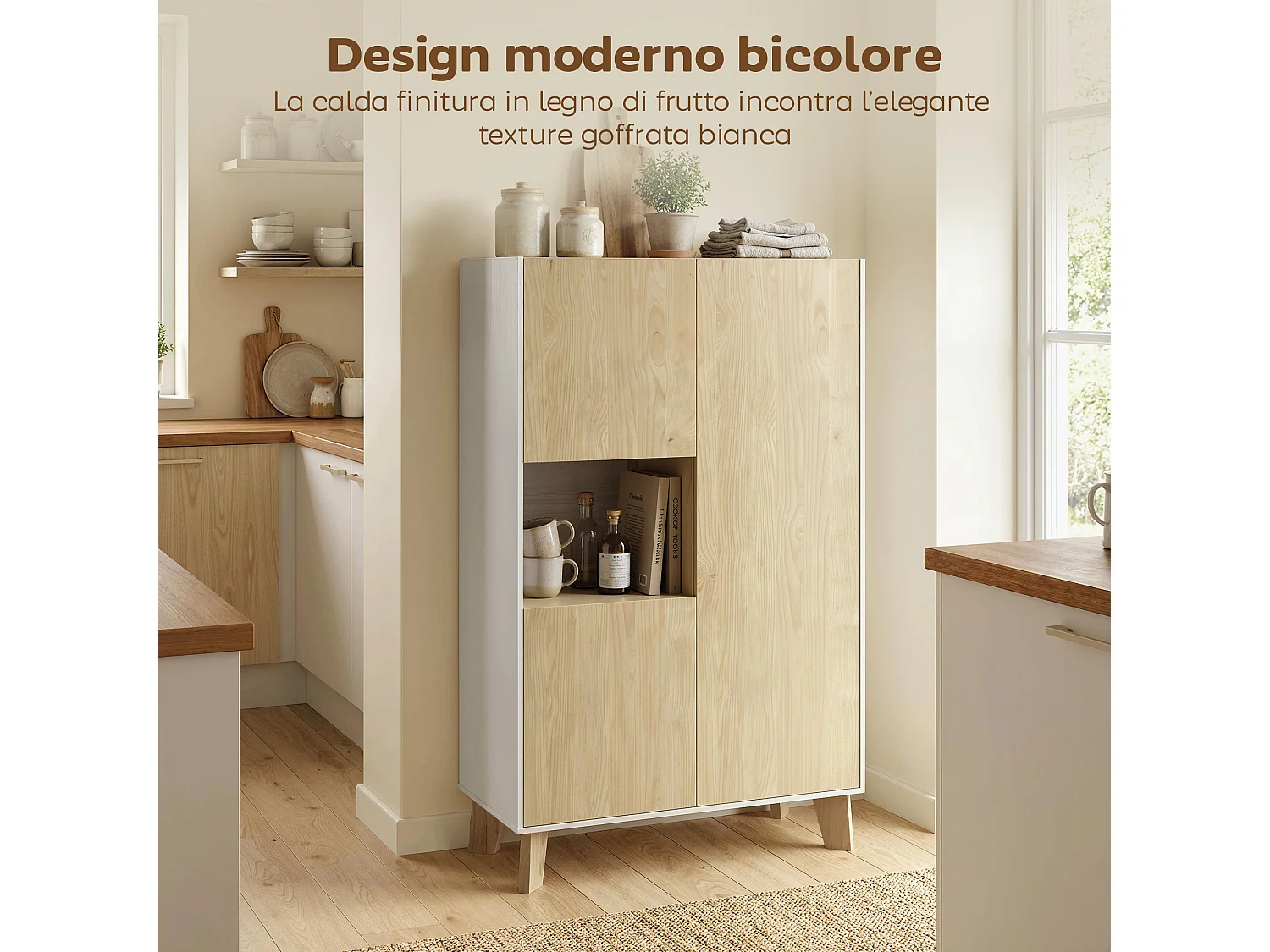 Credenza ucina, a 6 scomparti con ante soft close bianco e color legno