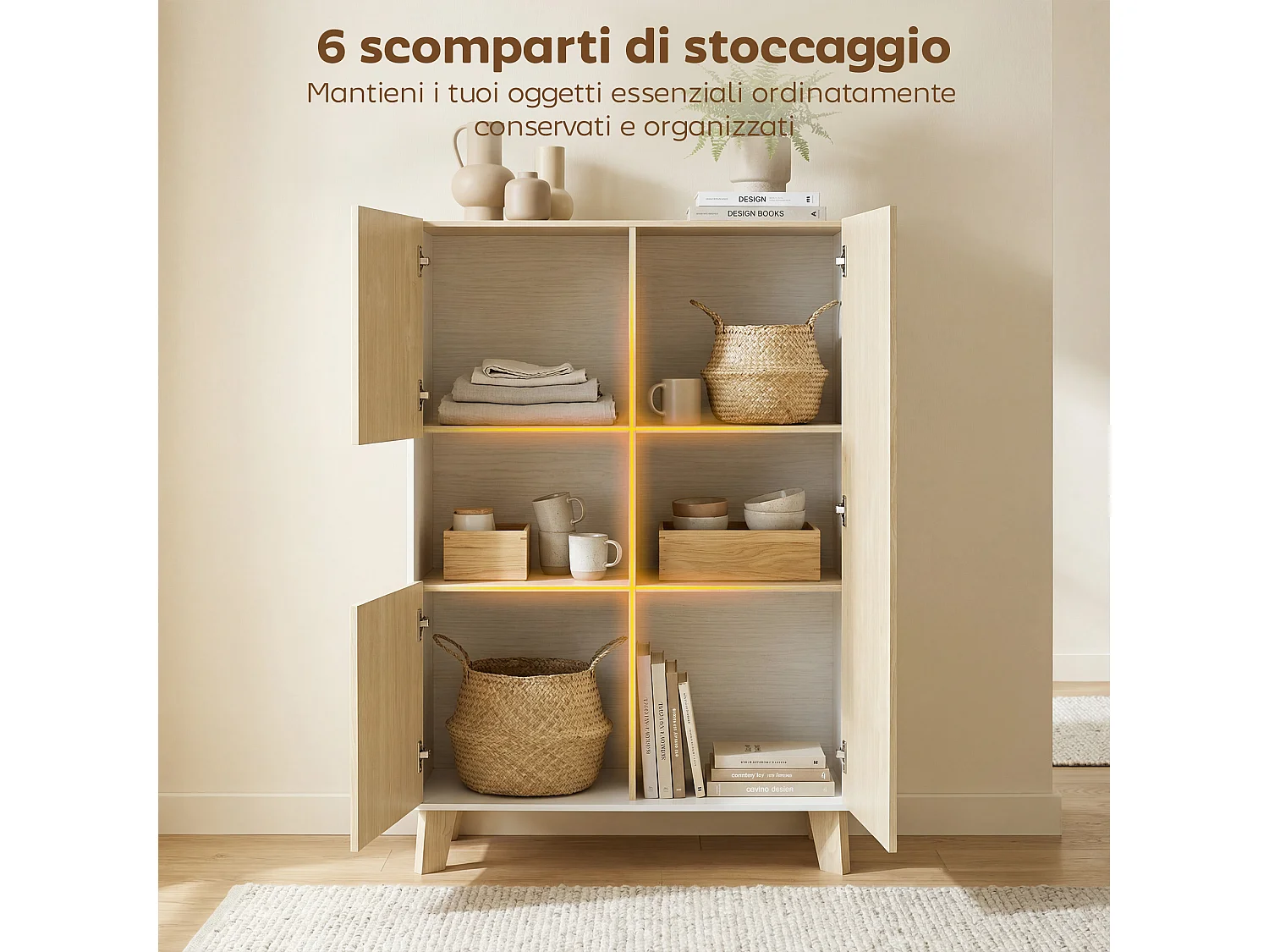 Credenza ucina, a 6 scomparti con ante soft close bianco e color legno