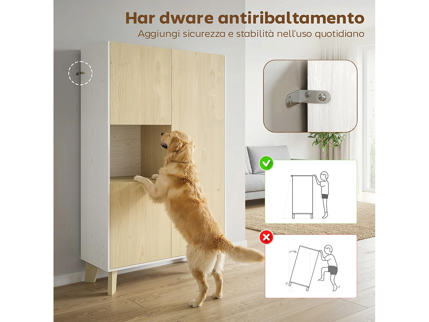 Credenza ucina, a 6 scomparti con ante soft close bianco e color legno