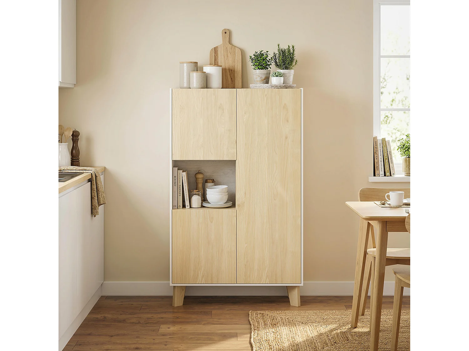 Credenza ucina, a 6 scomparti con ante soft close bianco e color legno