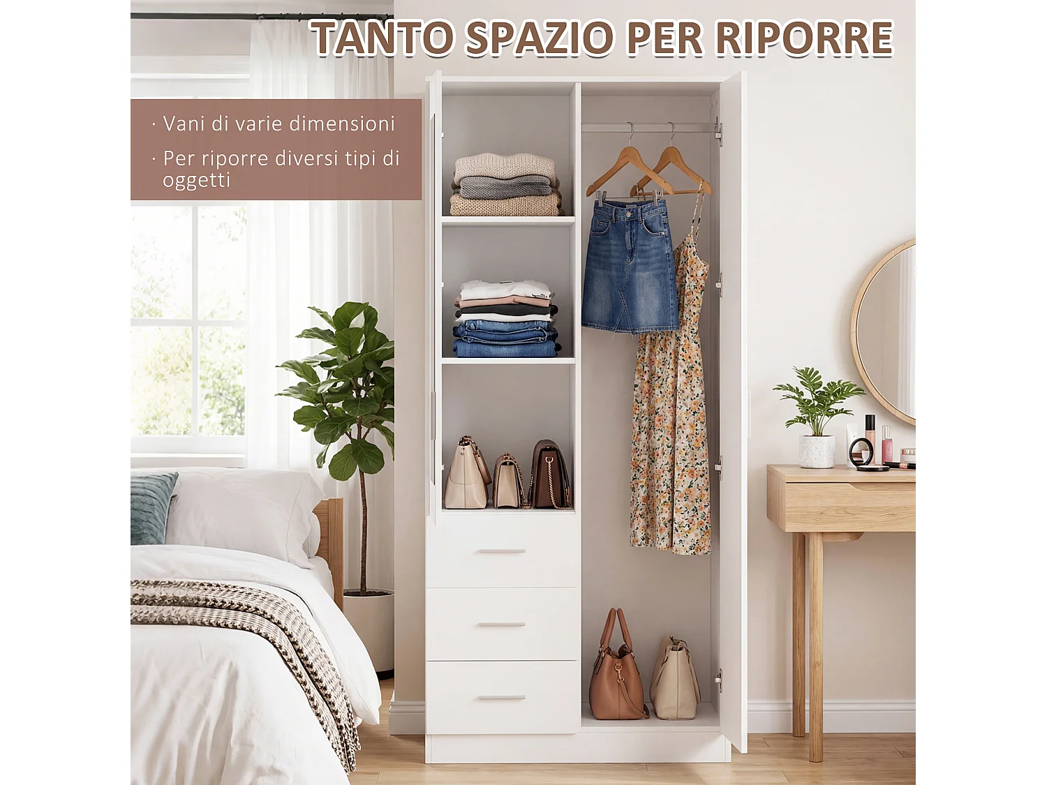 Guardaroba moderno 2 ante con 3 cassetti e specchio 80x50x180cm