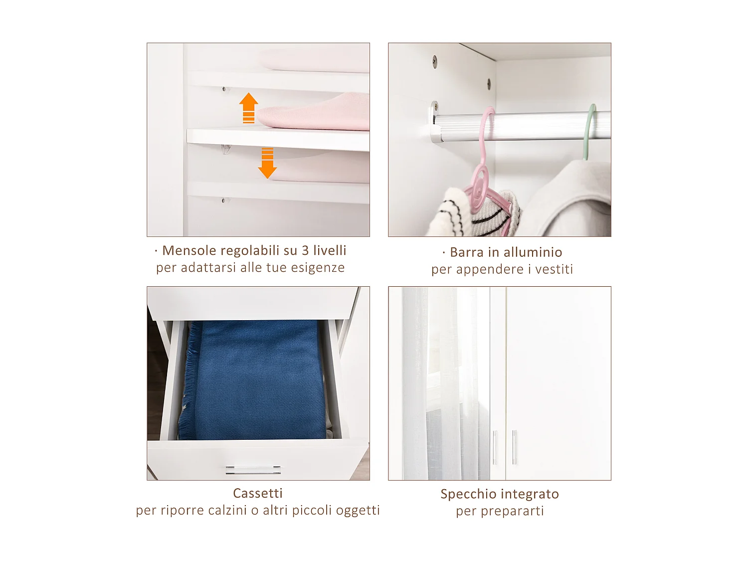 Guardaroba moderno 2 ante con 3 cassetti e specchio 80x50x180cm