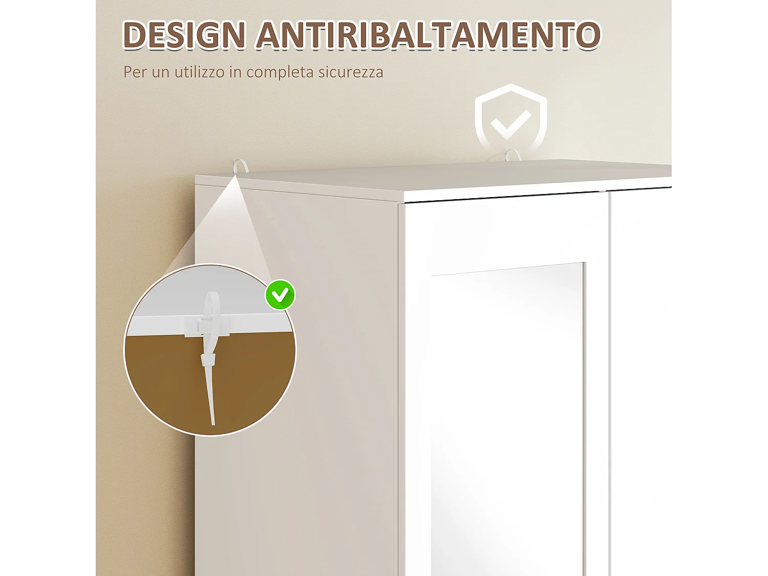 Guardaroba moderno 2 ante con 3 cassetti e specchio 80x50x180cm