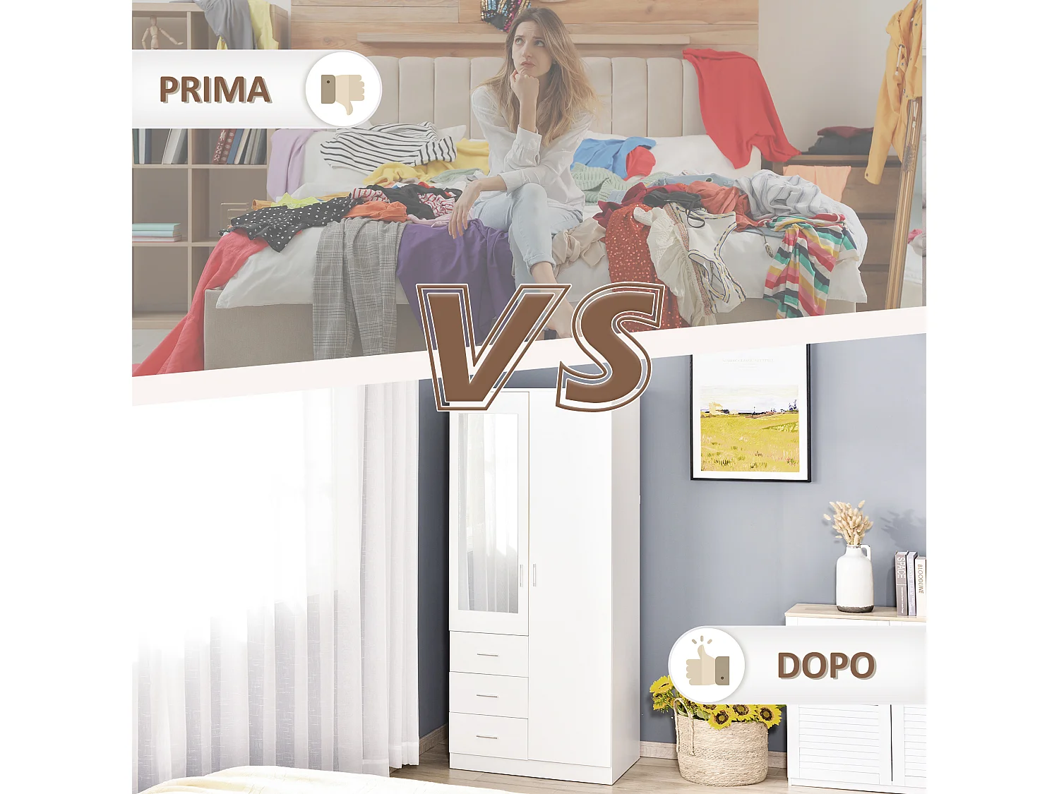 Guardaroba moderno 2 ante con 3 cassetti e specchio 80x50x180cm