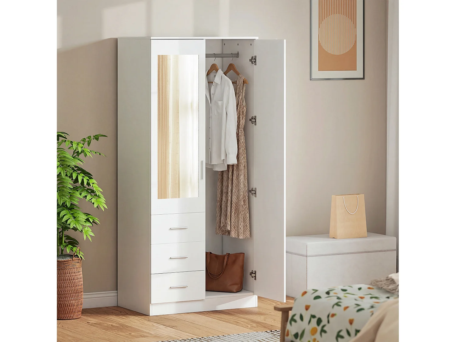 Guardaroba moderno 2 ante con 3 cassetti e specchio 80x50x180cm