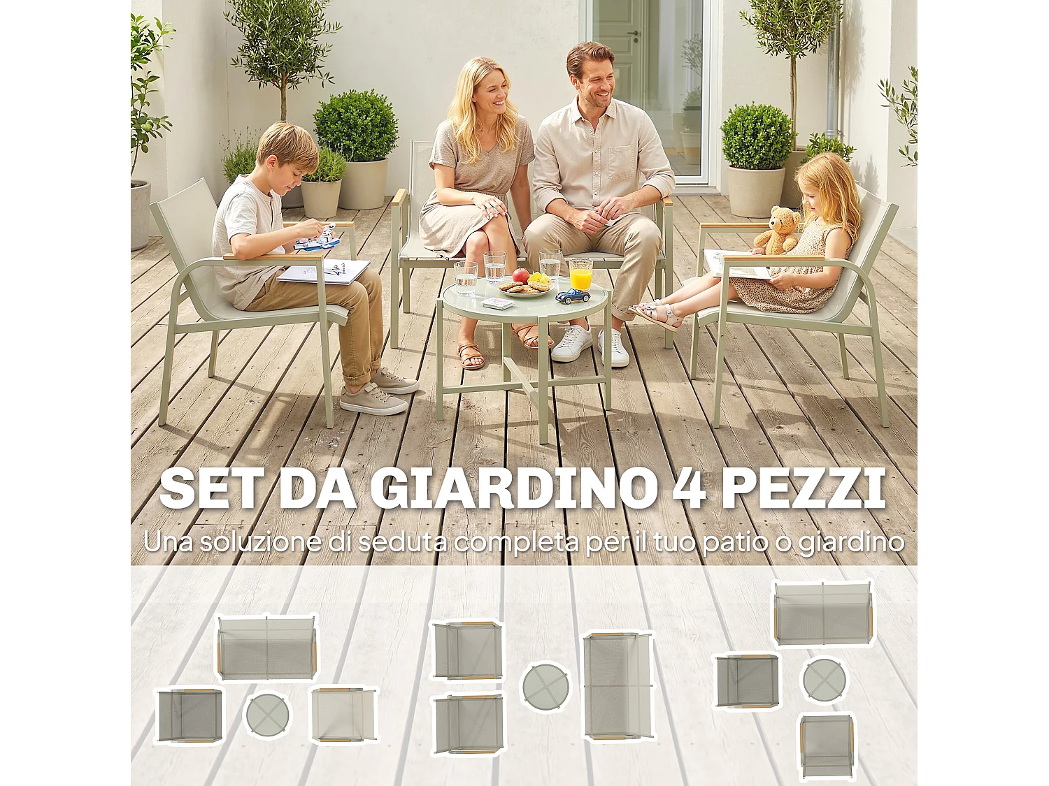 Set mobili da giardino 4 pezzi in metallo nero e verde