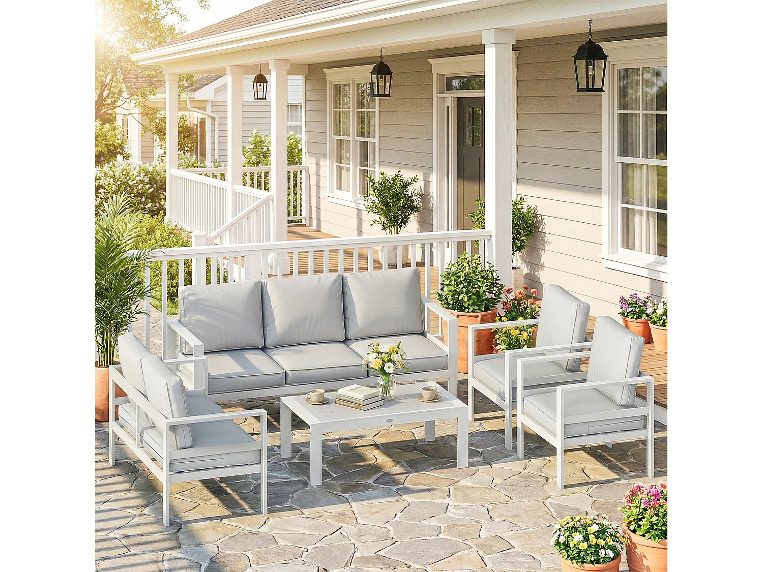 Set da giardino con divano 3 posti sedie e tavolo bianco