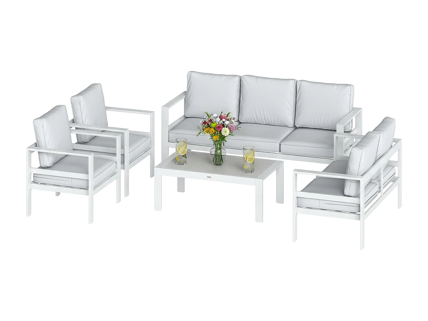 Set da giardino con divano 3 posti sedie e tavolo bianco