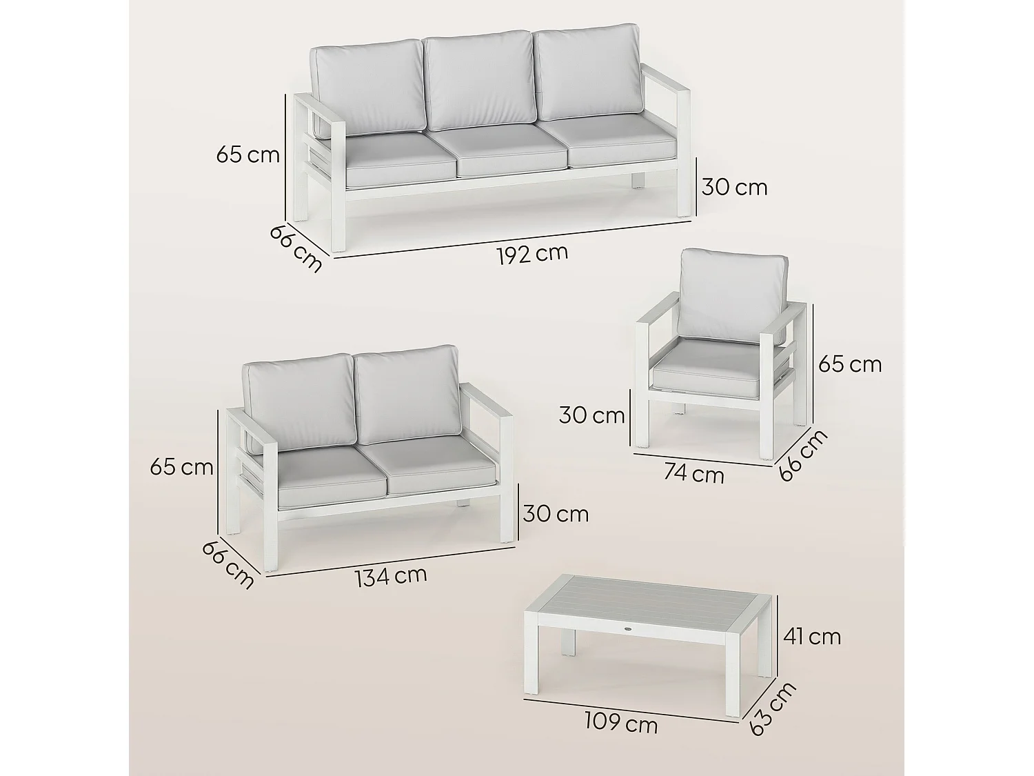Set da giardino con divano 3 posti sedie e tavolo bianco