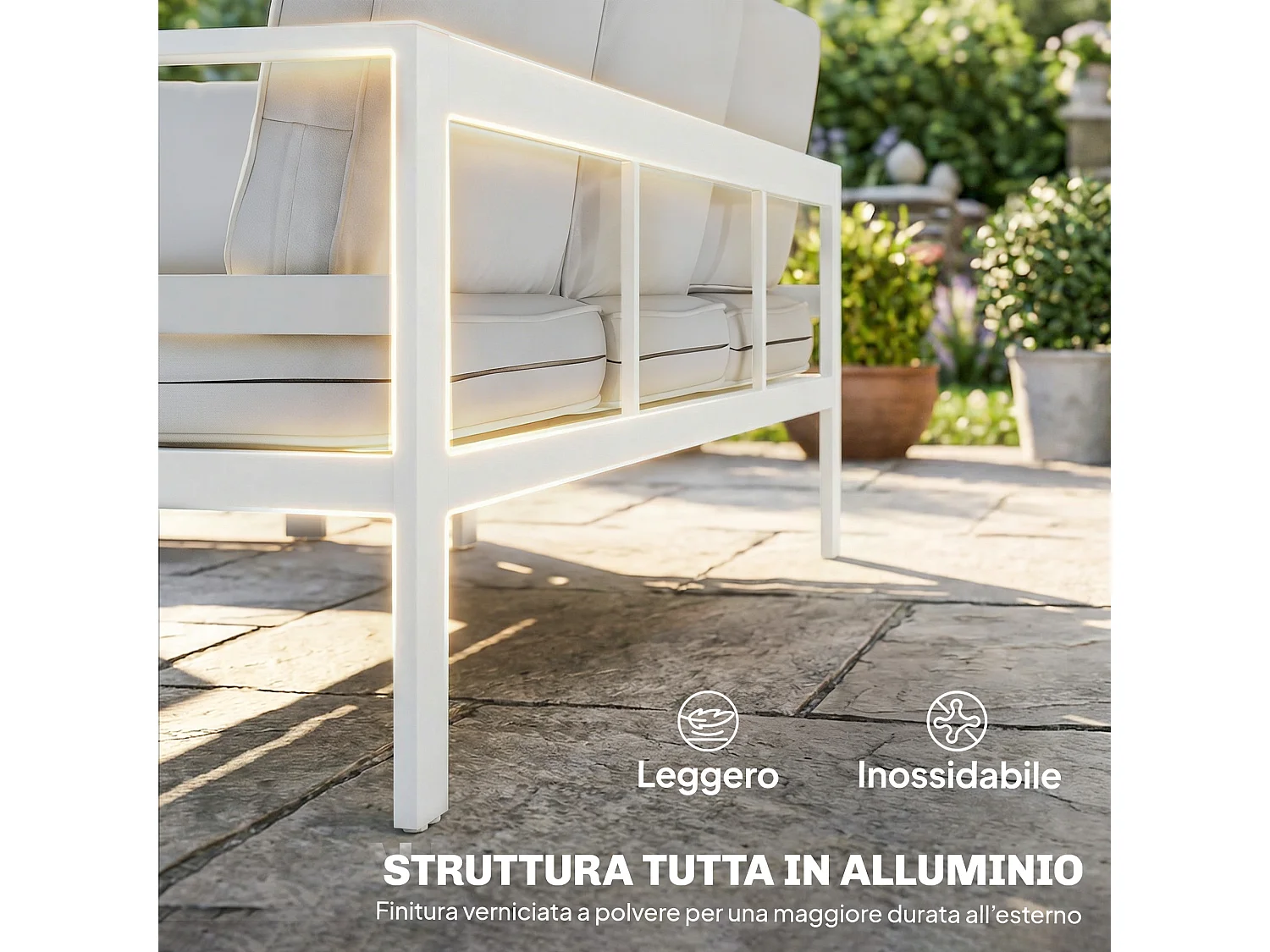 Set da giardino con divano 3 posti sedie e tavolo bianco