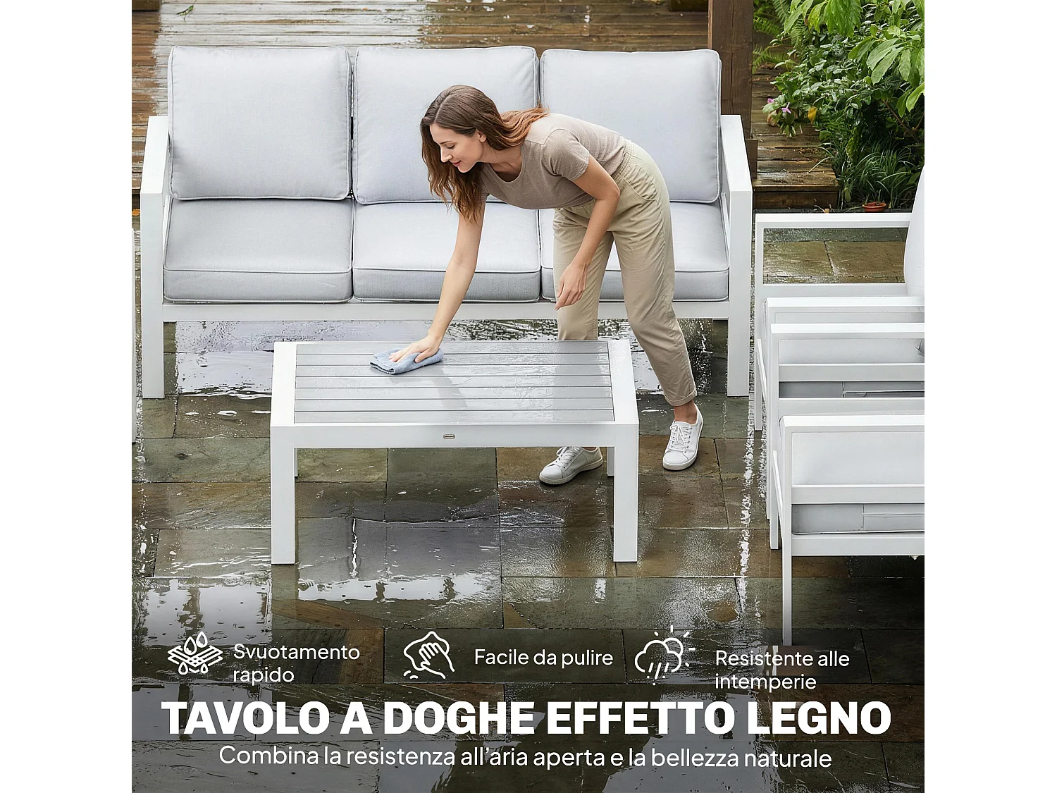 Set da giardino con divano 3 posti sedie e tavolo bianco