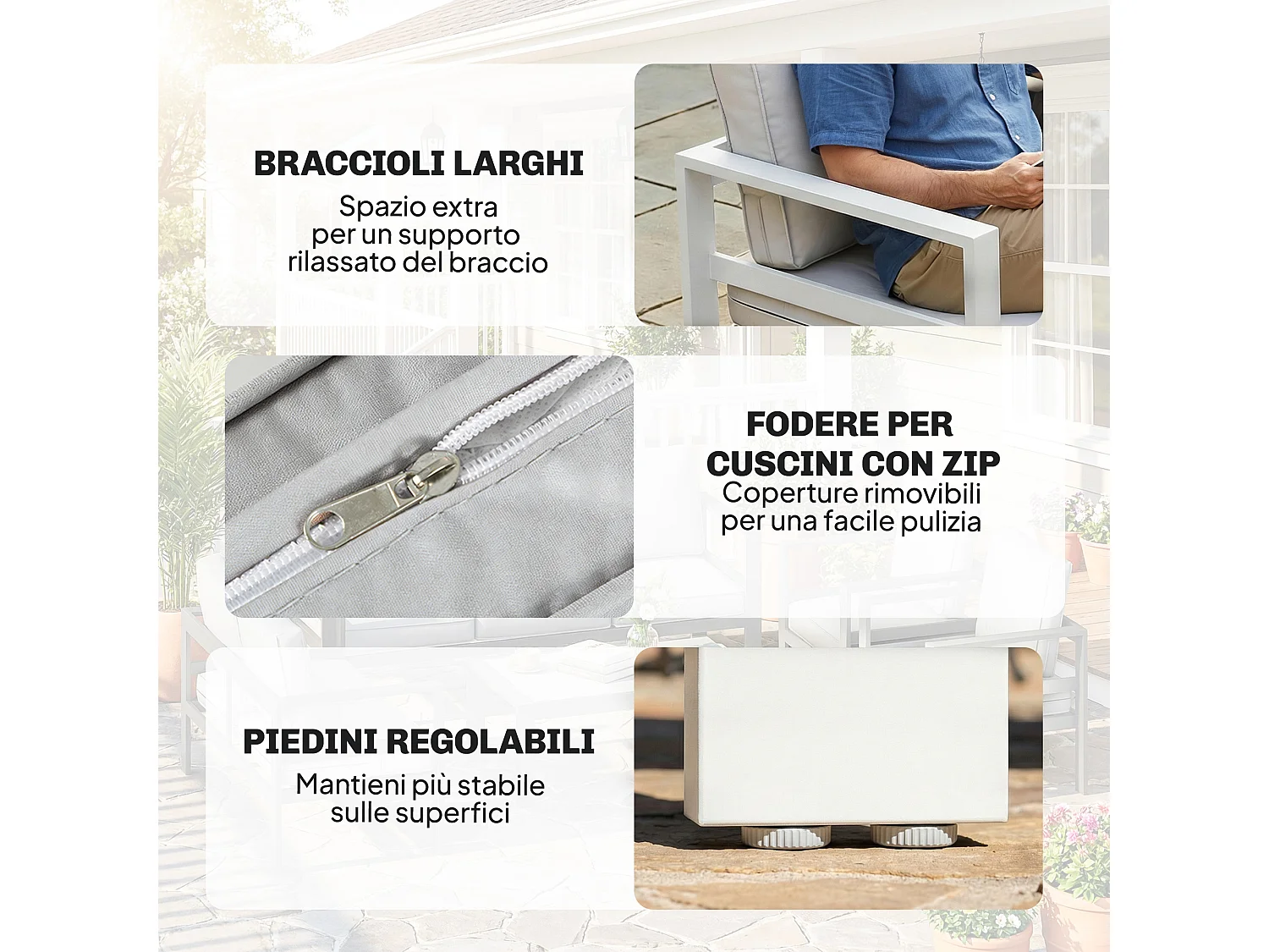 Set da giardino con divano 3 posti sedie e tavolo bianco
