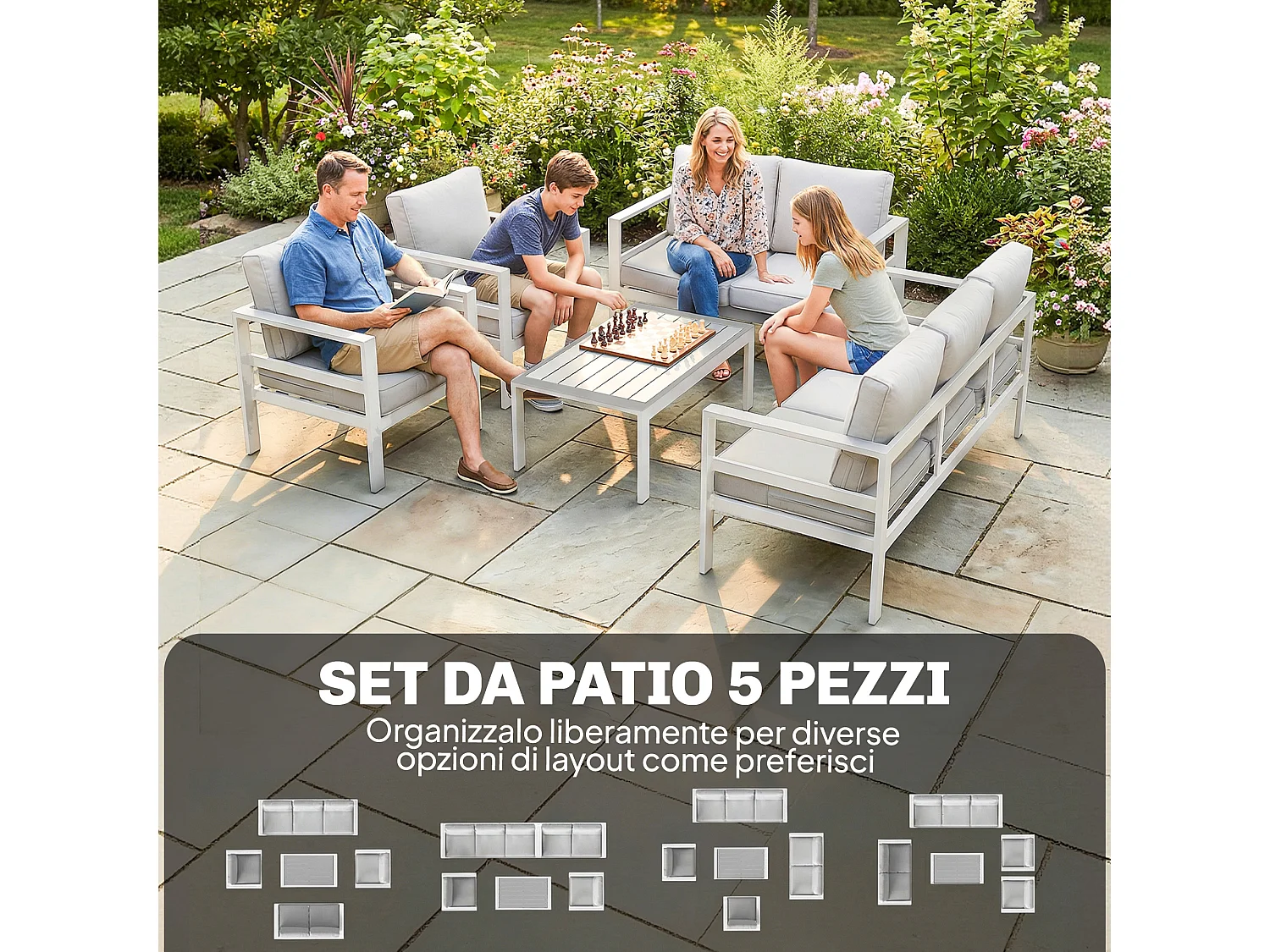 Set da giardino con divano 3 posti sedie e tavolo bianco