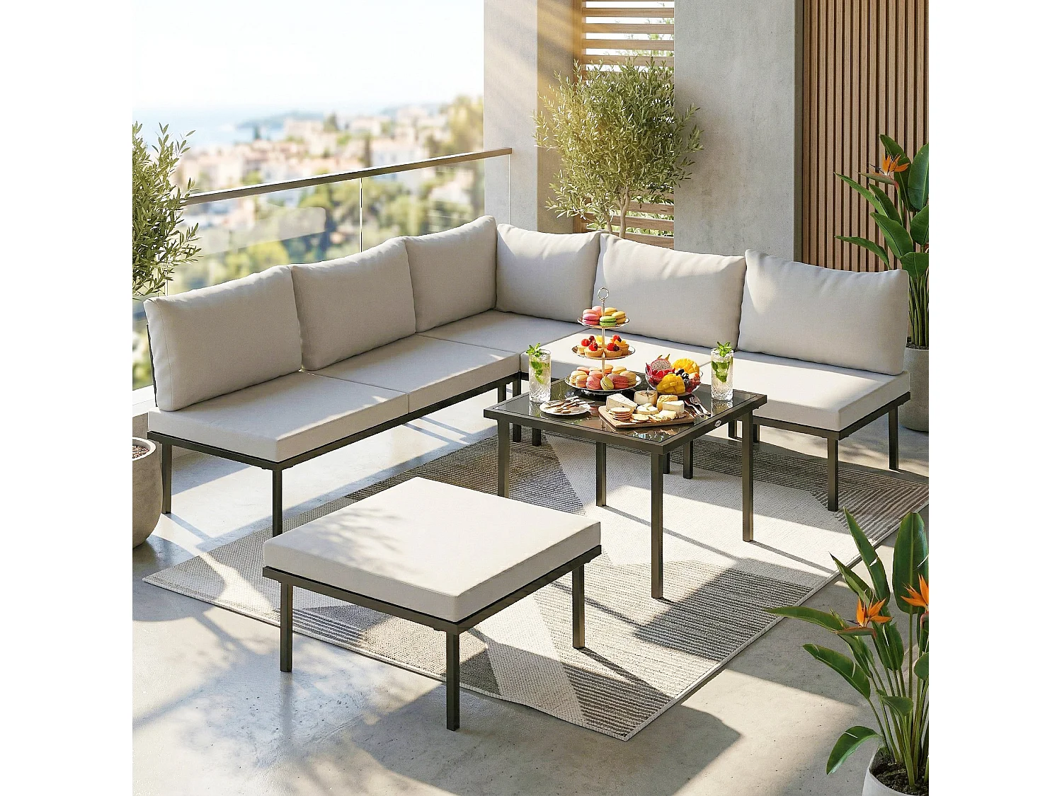 Set mobili da giardino con cuscini in metallo grigio chiaro