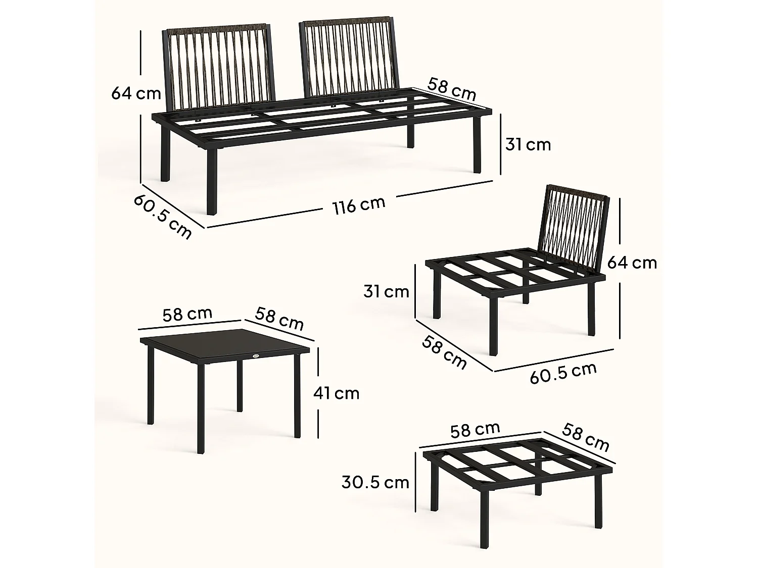 Set mobili da giardino con cuscini in metallo grigio chiaro