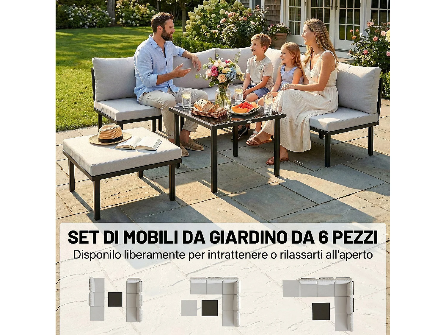 Set mobili da giardino con cuscini in metallo grigio chiaro