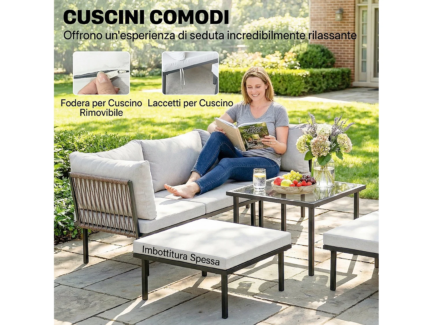 Set mobili da giardino con cuscini in metallo grigio chiaro