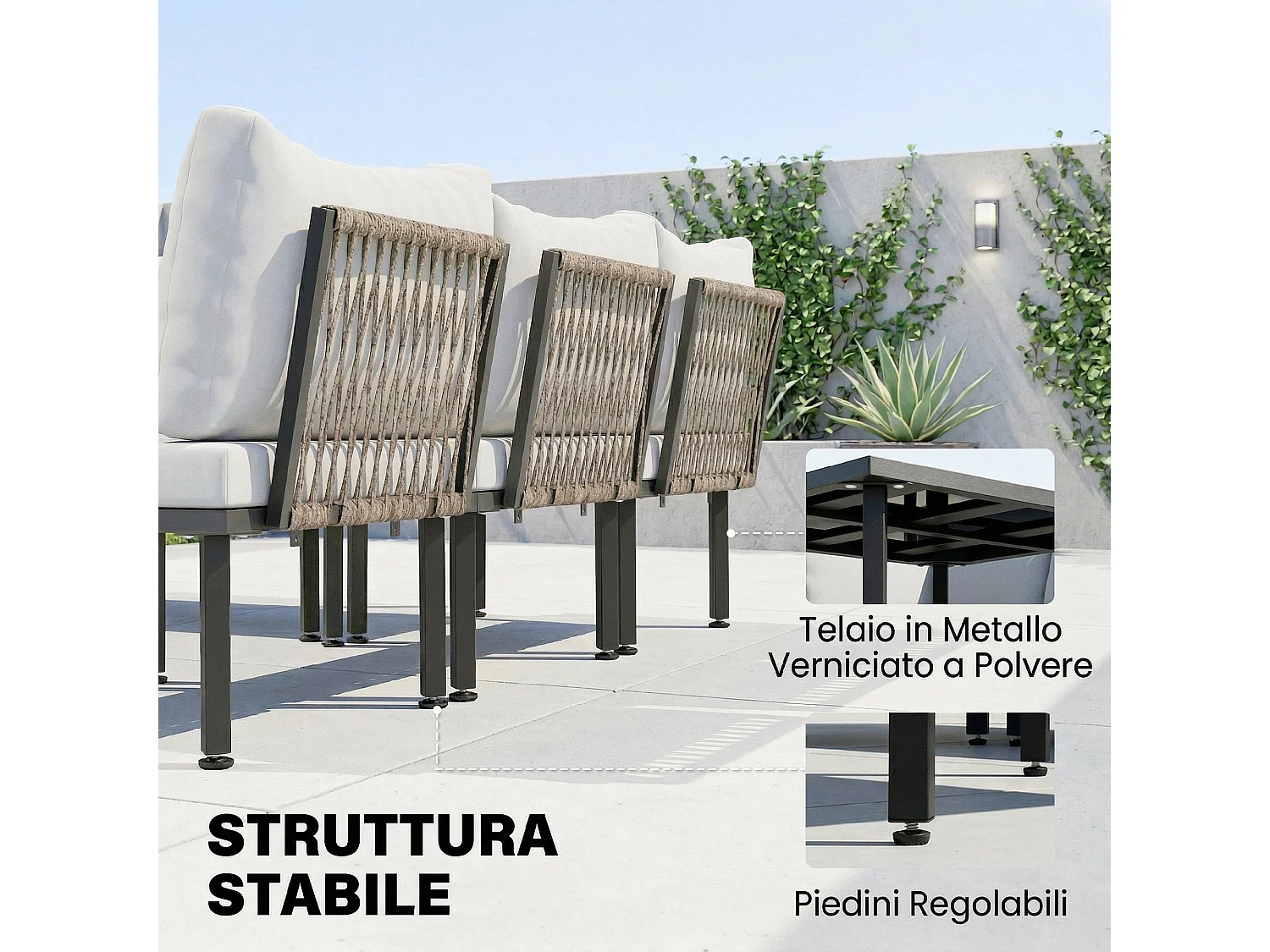 Set mobili da giardino con cuscini in metallo grigio chiaro