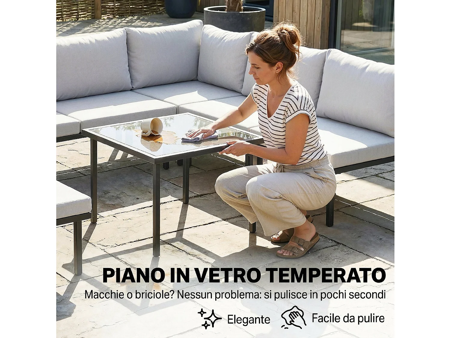 Set mobili da giardino con cuscini in metallo grigio chiaro