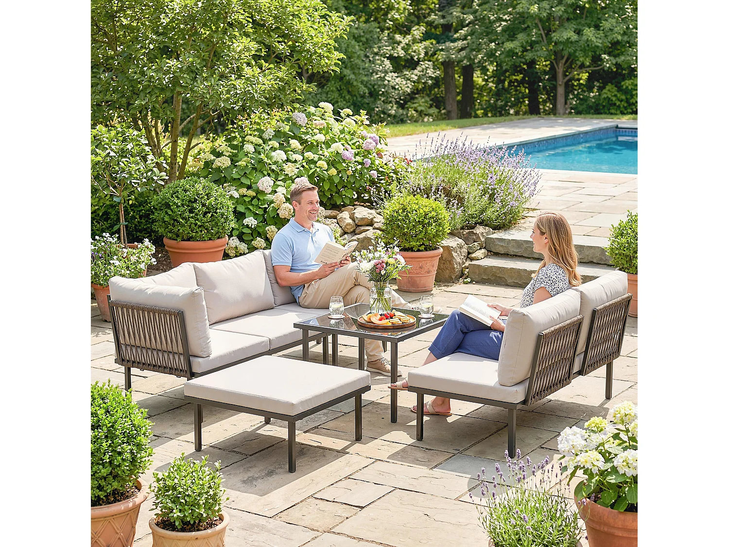 Set mobili da giardino con cuscini in metallo grigio chiaro