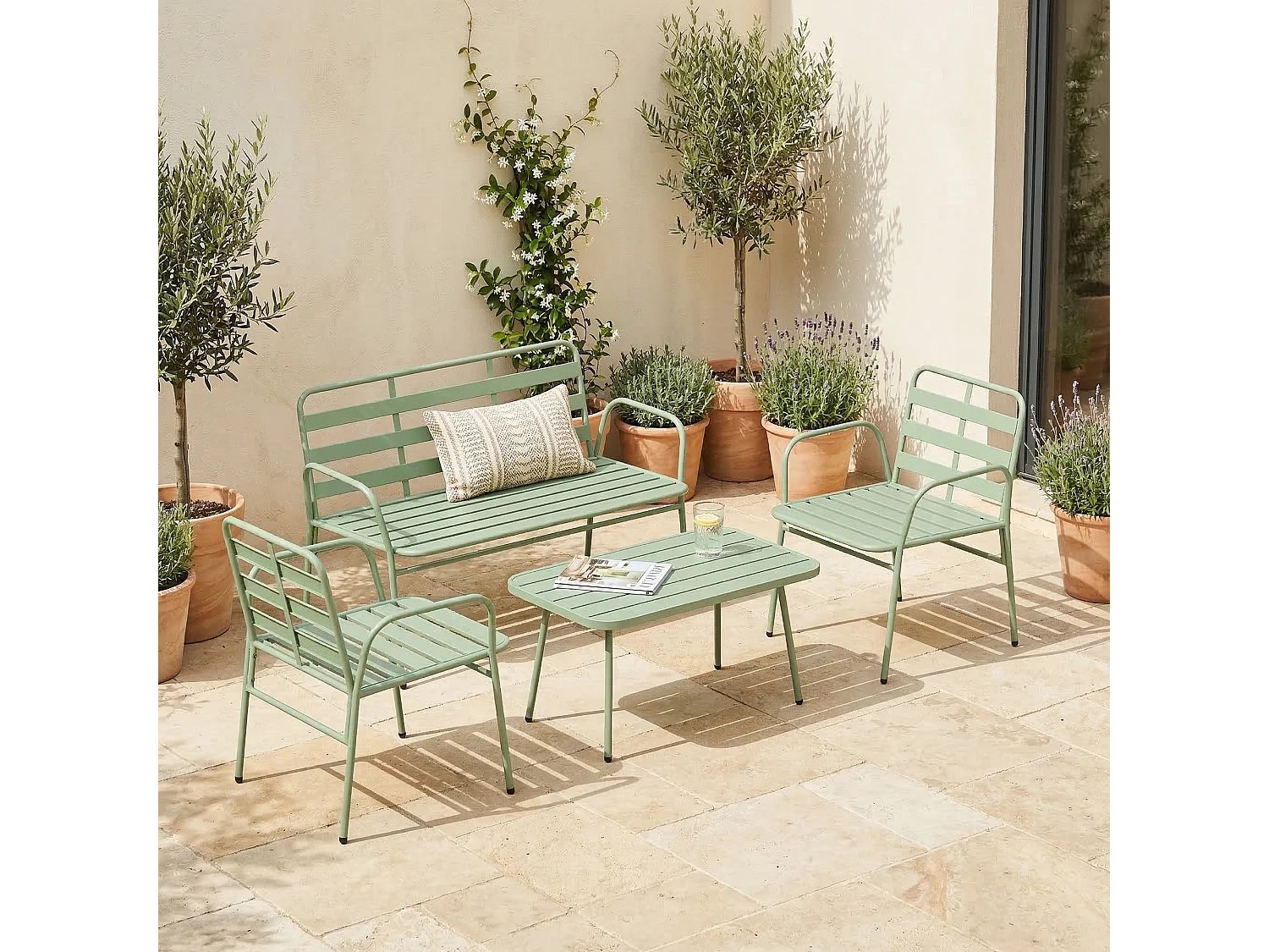 Set mobili da giardino 4 pezzi in metallo verde