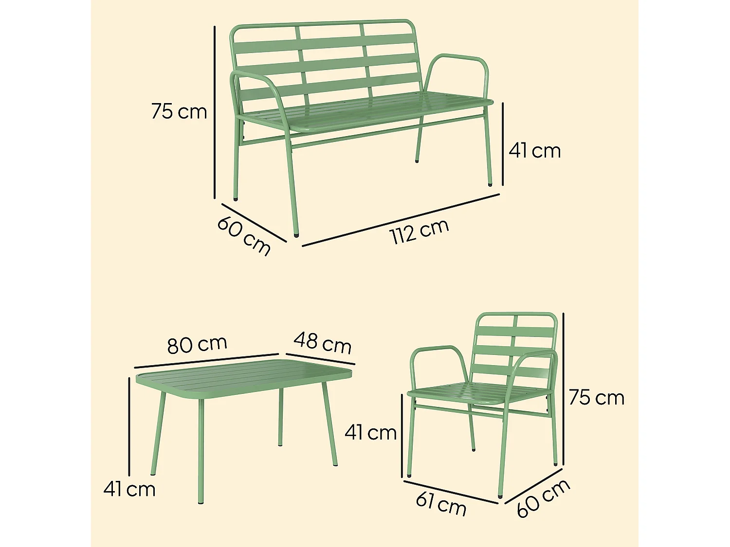 Set mobili da giardino 4 pezzi in metallo verde