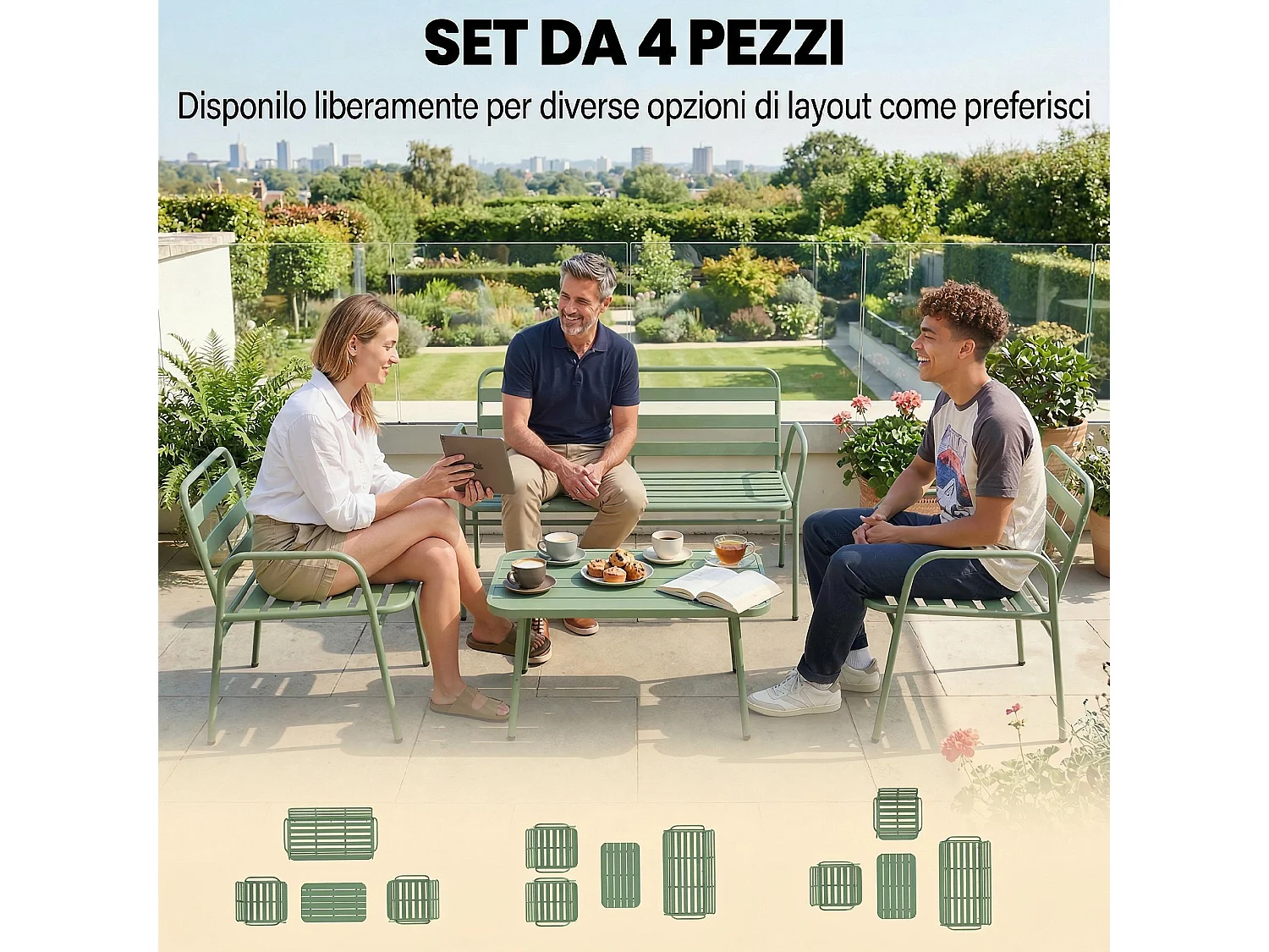 Set mobili da giardino 4 pezzi in metallo verde