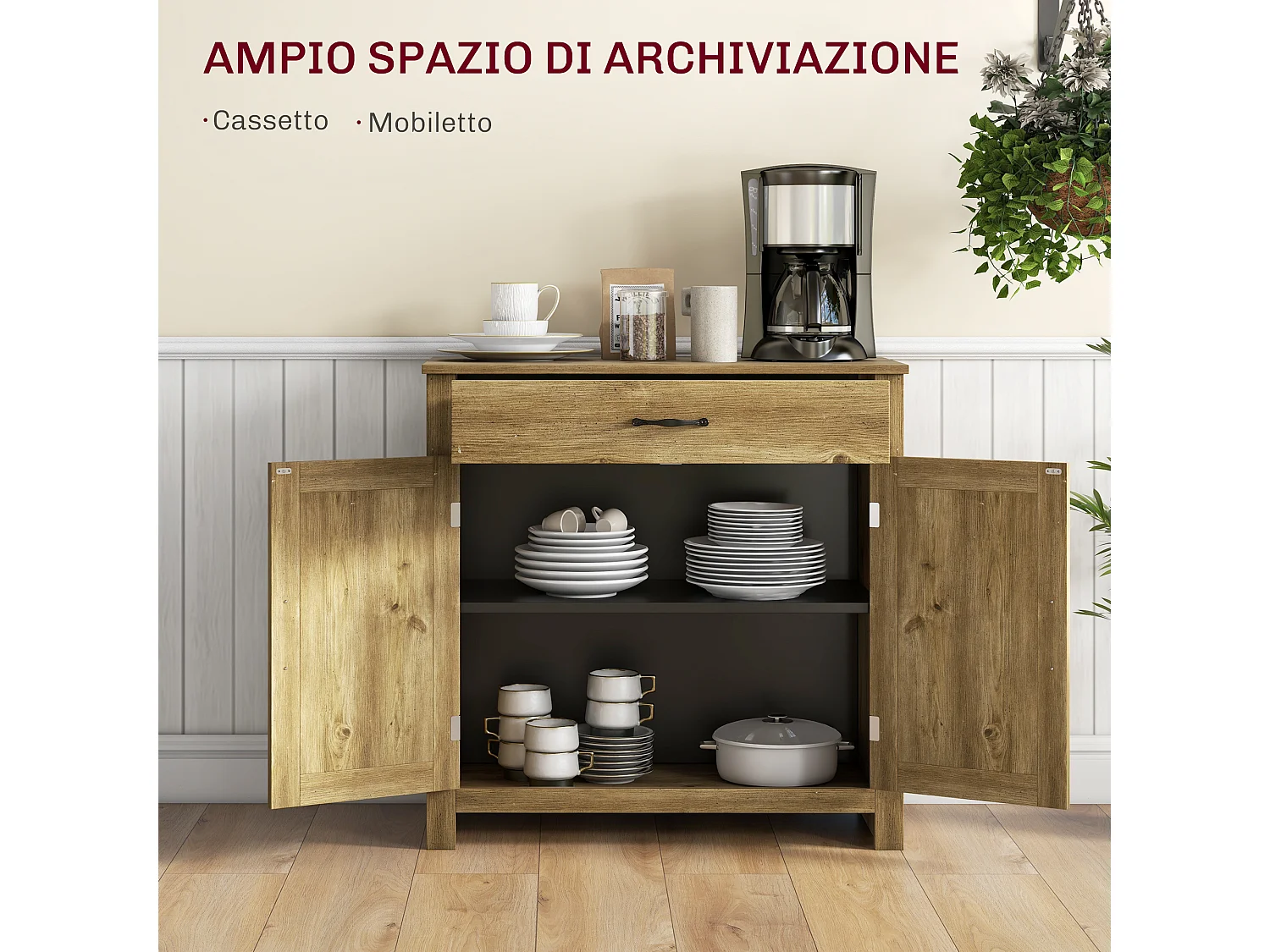 Credenza cucina stile country con cassetto e armadietto ante naturale