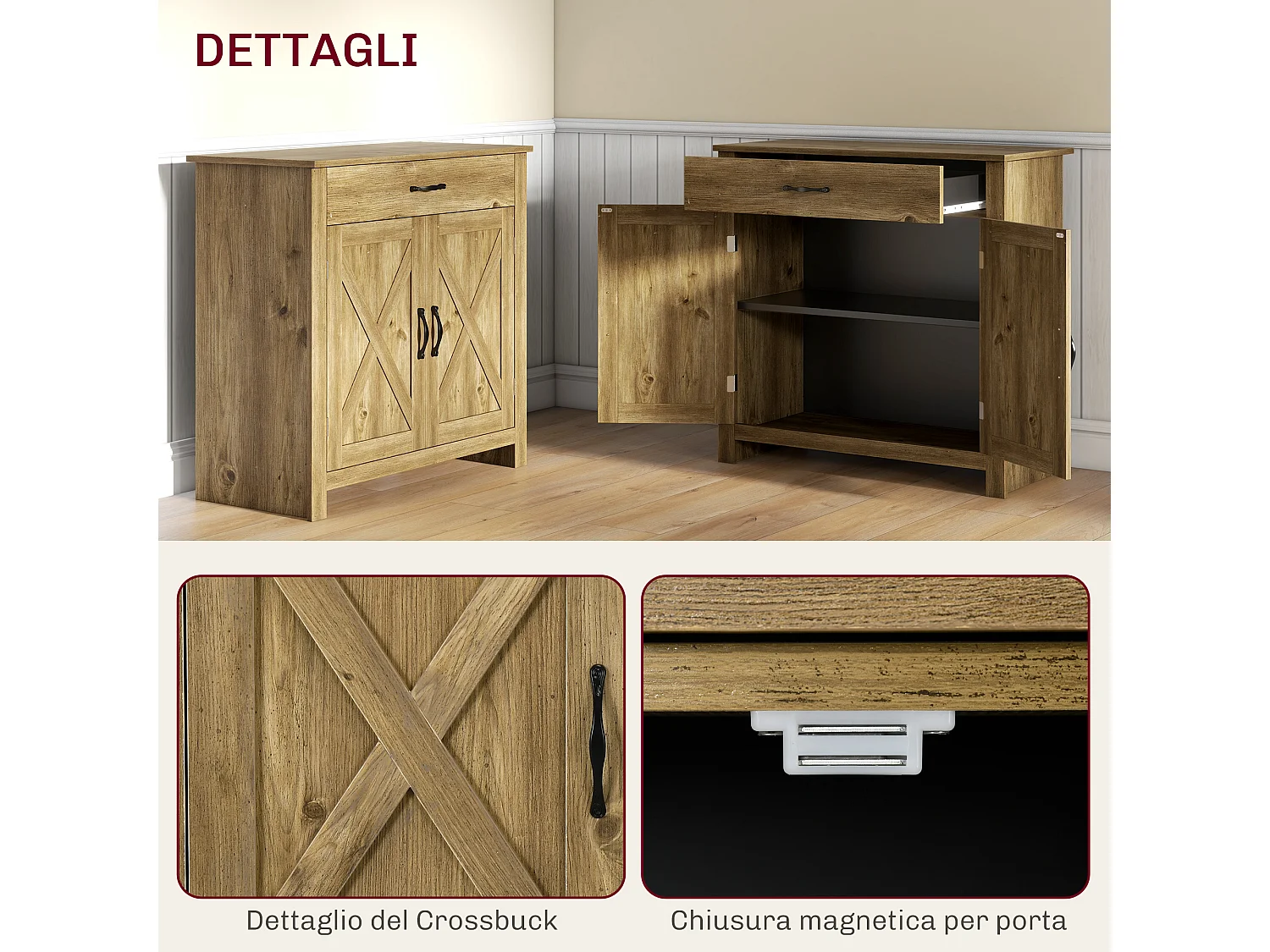 Credenza cucina stile country con cassetto e armadietto ante naturale
