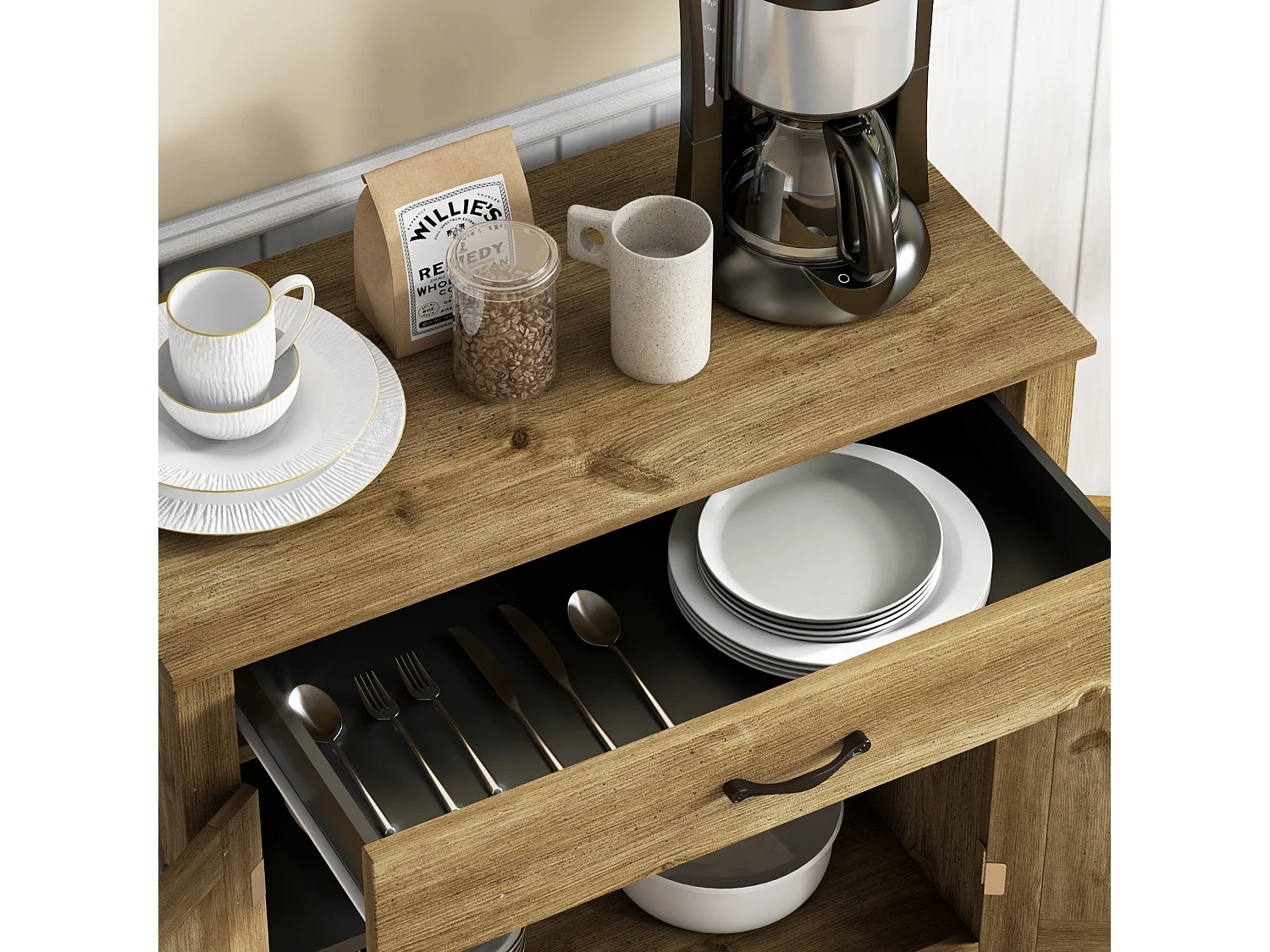 Credenza cucina stile country con cassetto e armadietto ante naturale