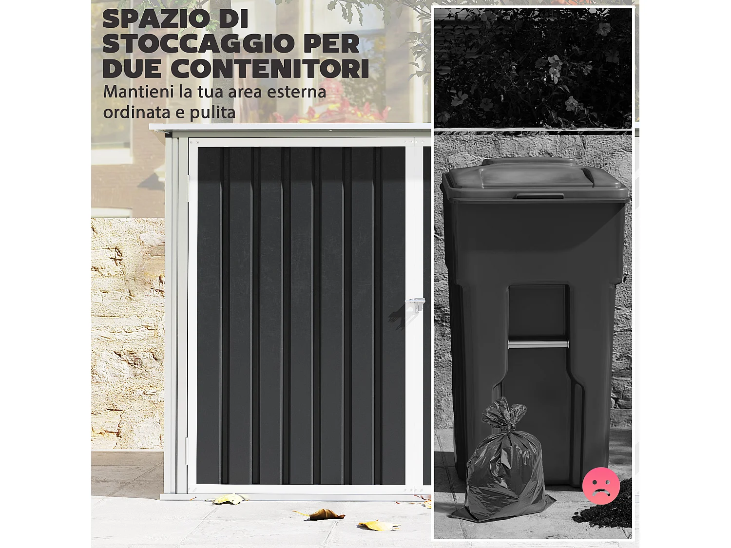 Capanno da giardino per due bidoni in metallo grigio scuro