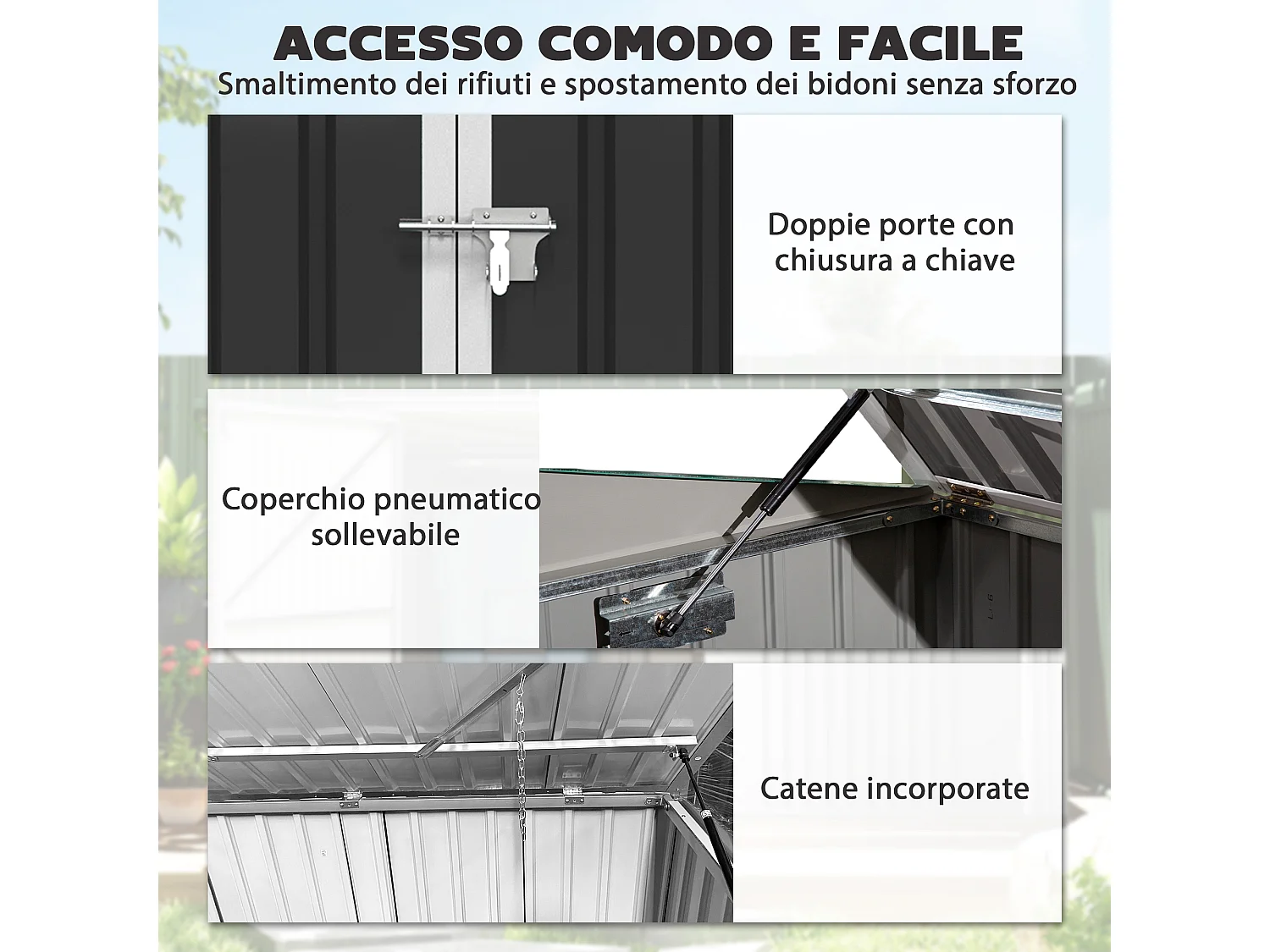 Capanno da giardino per due bidoni in metallo grigio scuro