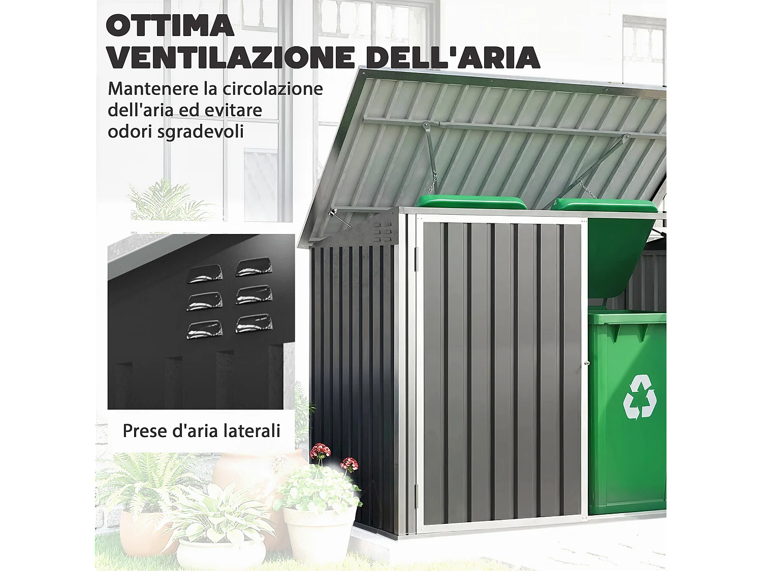 Capanno da giardino per due bidoni in metallo grigio scuro