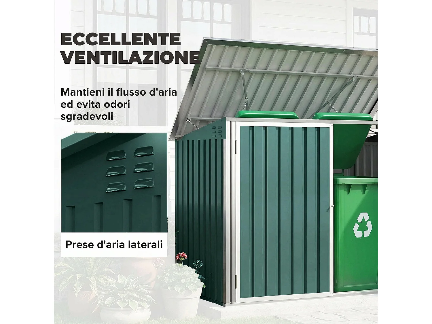 Capanno per bidoni con doppia porta in acciaio verde