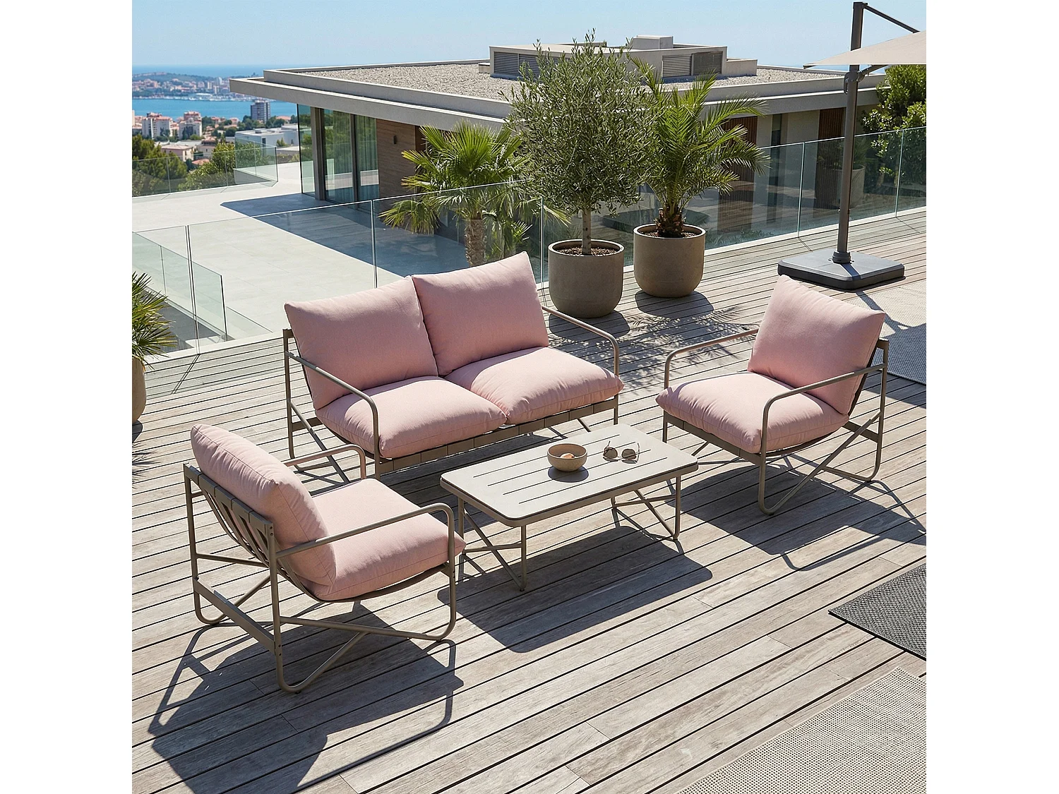 Set mobili da giardino con cuscini in metallo rosa