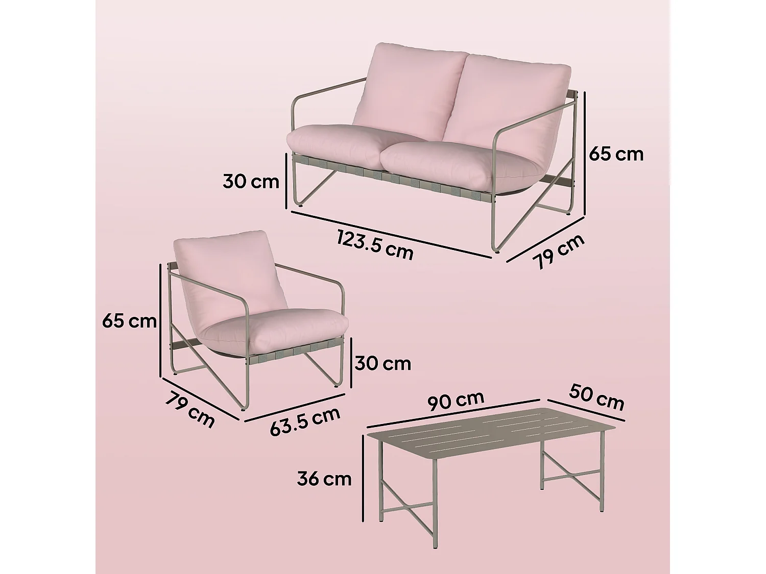 Set mobili da giardino con cuscini in metallo rosa