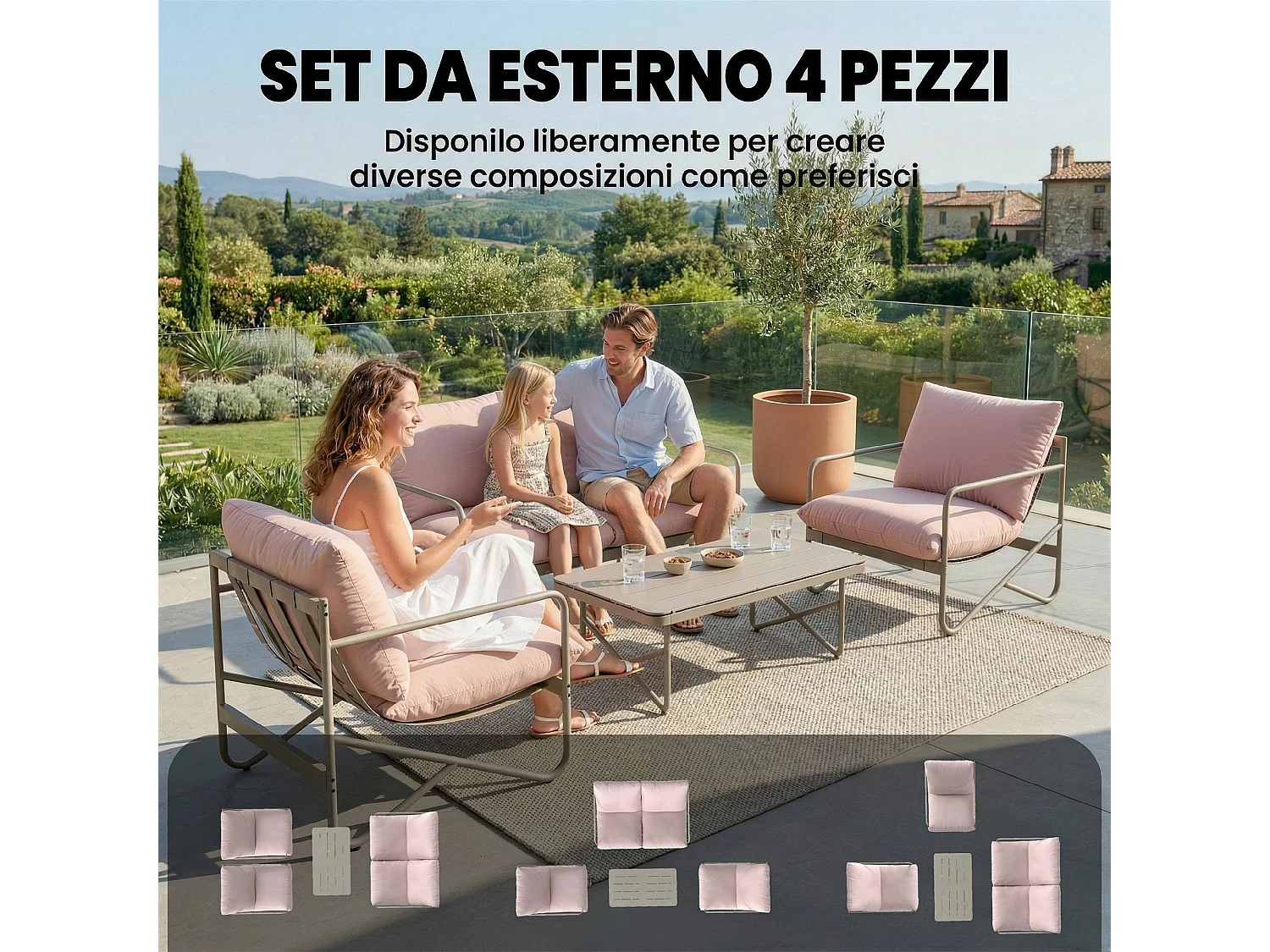 Set mobili da giardino con cuscini in metallo rosa