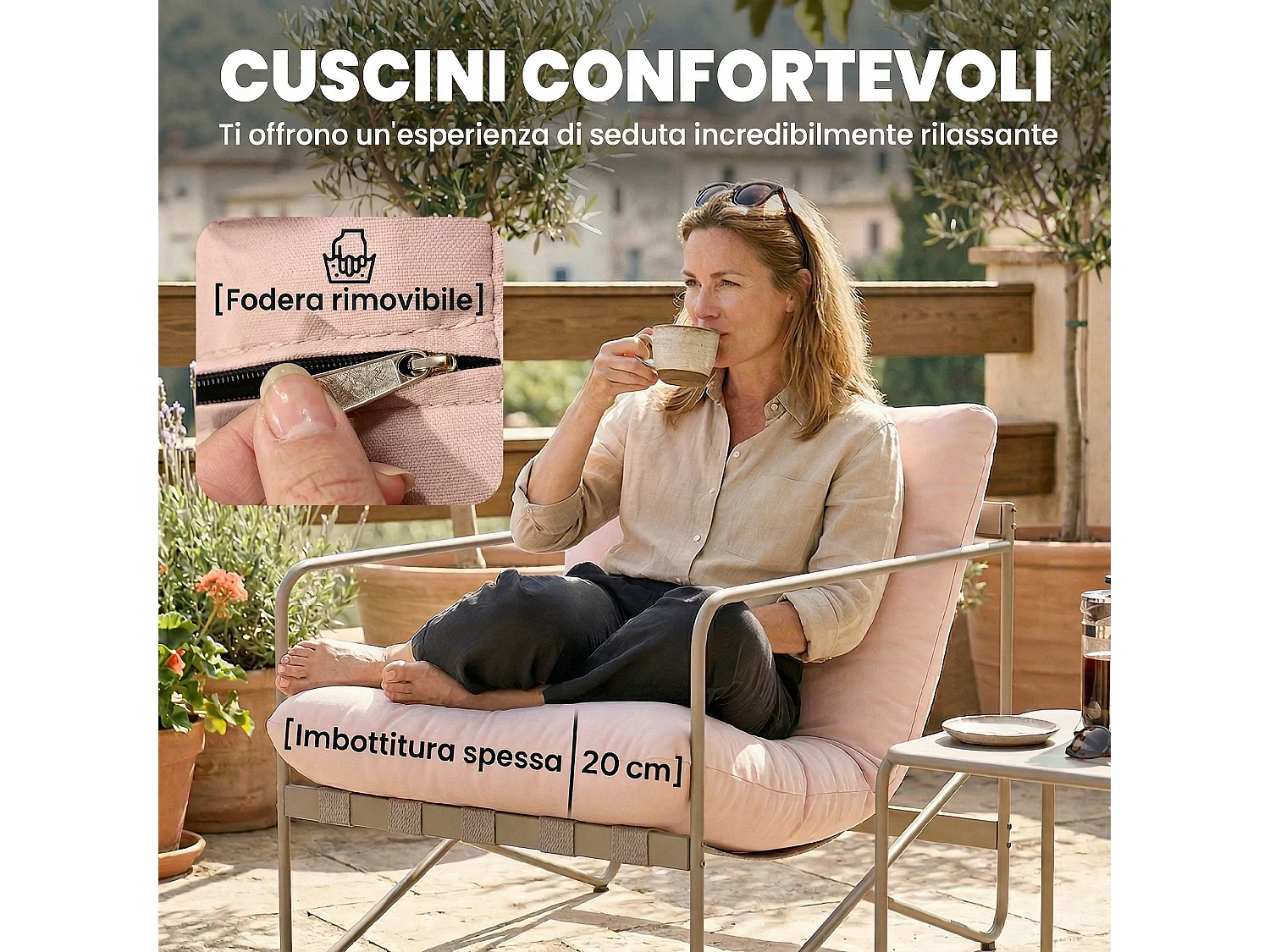 Set mobili da giardino con cuscini in metallo rosa