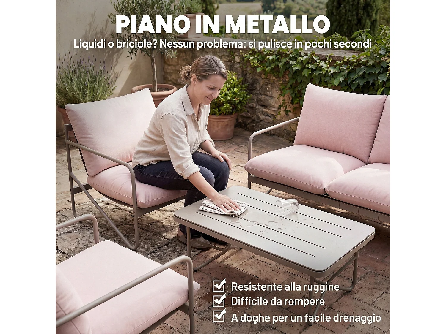 Set mobili da giardino con cuscini in metallo rosa