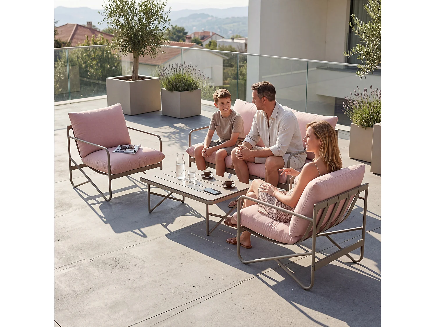 Set mobili da giardino con cuscini in metallo rosa