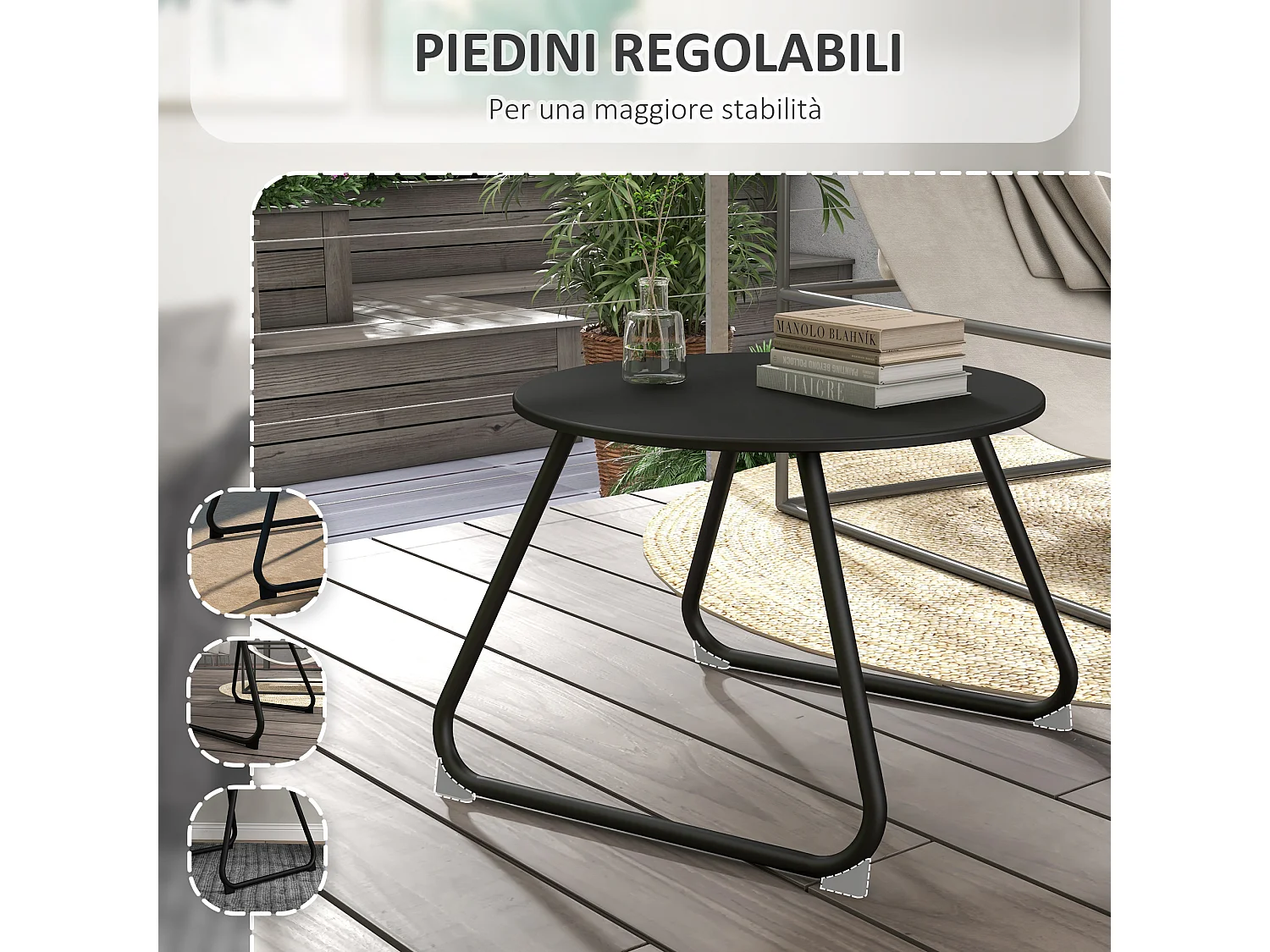 Tavolino da esterni ø48x37 cm con piedini regolabili in metallo nero