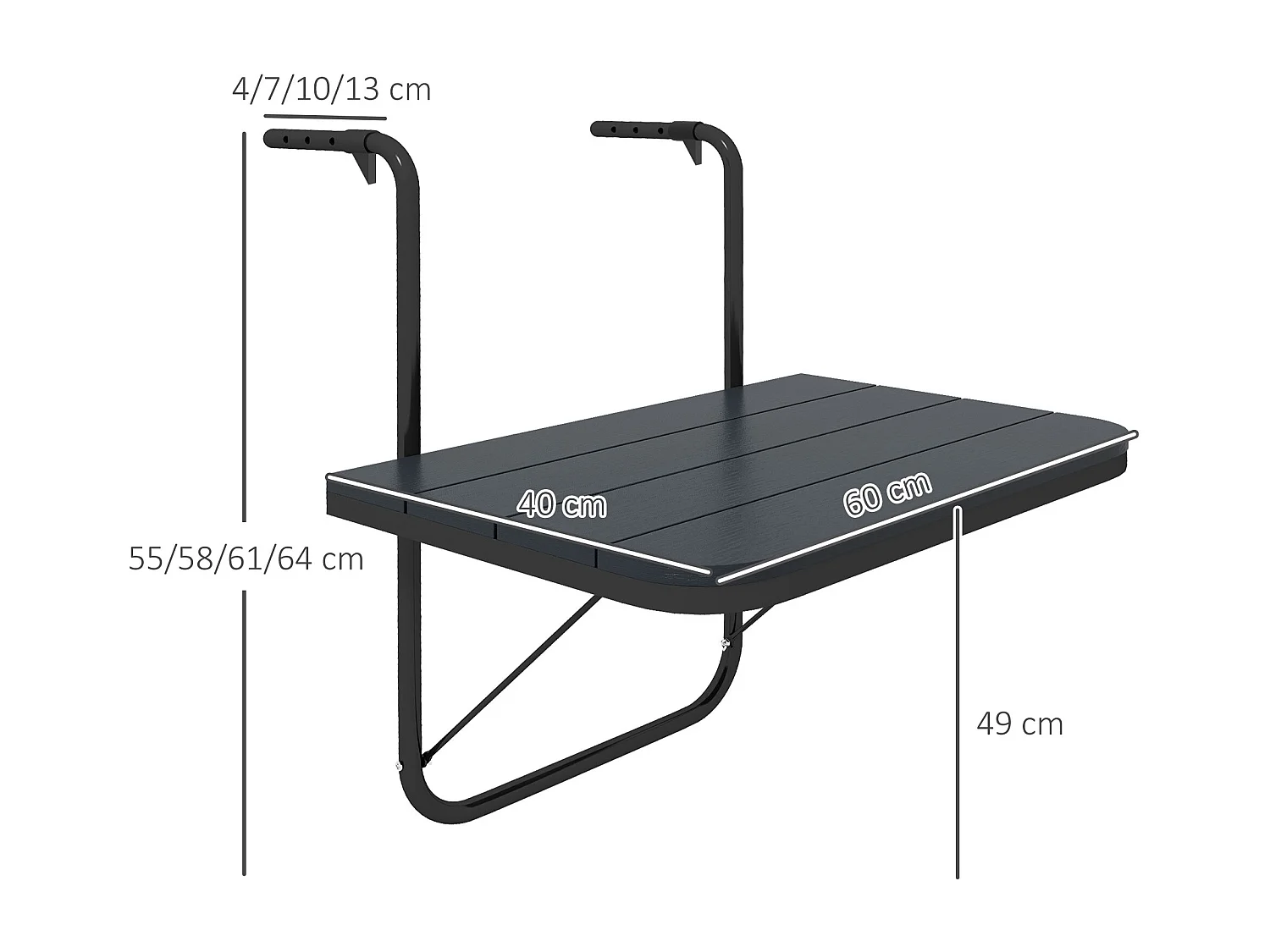 Tavolino da balcone pieghevole e regolabile 60x40x55-64 cm nero